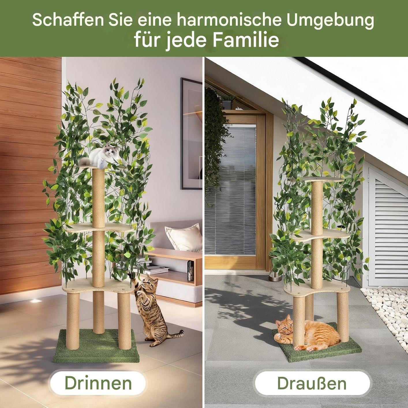 Tiragraffi con foglie e telaio in legno, 150 × 50 × 50 cm – stabile albero per gatti a più piani con palo in sisal, design moderno per casa, gioco e relax