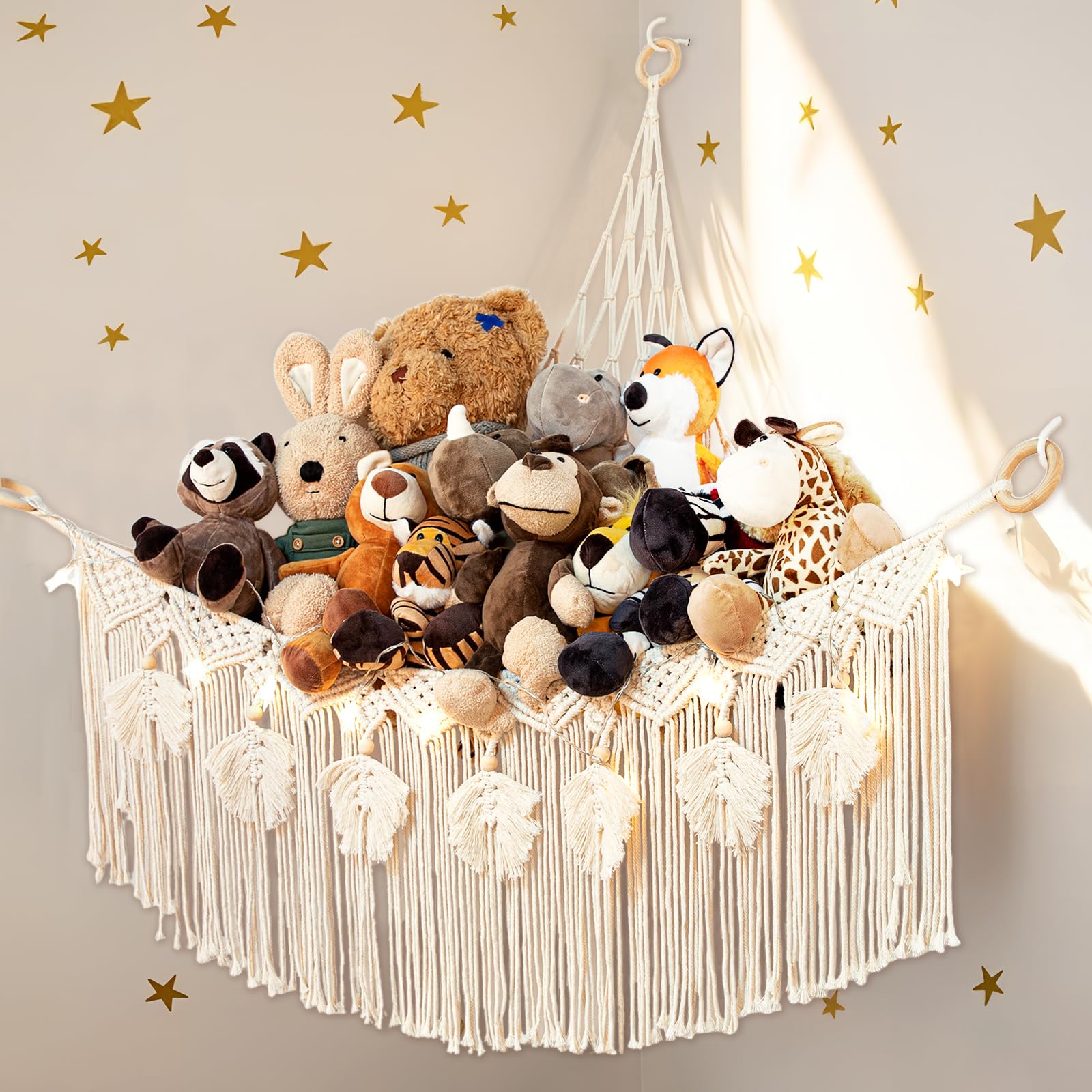 Makramee Spielzeug Aufbewahrung Kuscheltier Aufbewahrung Netz mit Sternenlicht, Plüschtiere Stofftier Hängend Spielzeug Organizer für Kinderzimmer, Boho Ecke Wand hängende Veranstalter (Weiß) Küche, Haushalt & Wohnen