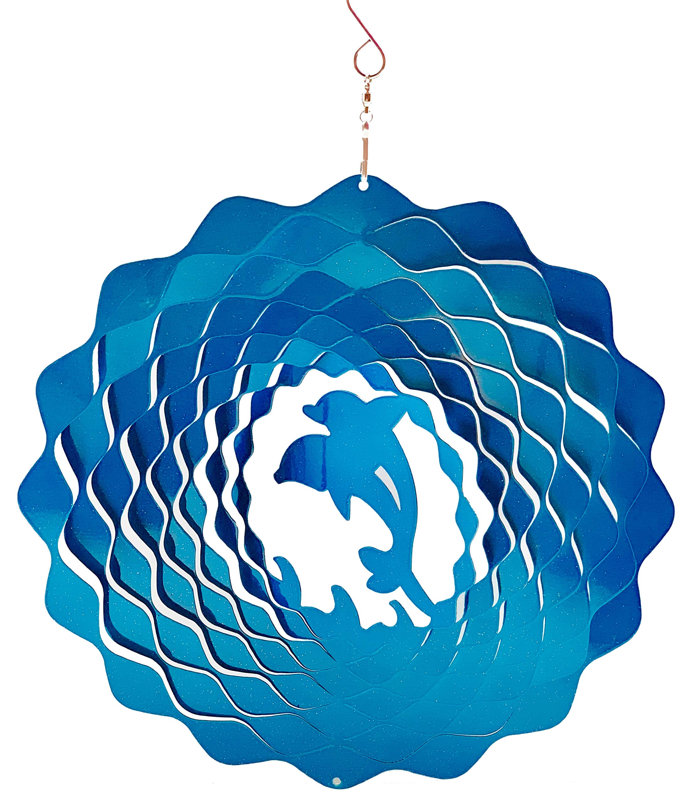 Dundee Deco W1010 Wind Spinner in Gift Box - 3D Hanging Indoor Outdoor Yard Garden Decoration - Mandala - Dolphins - Blue - 12 inch - Unique Gift Idea for Men Women, Souvenir, Present