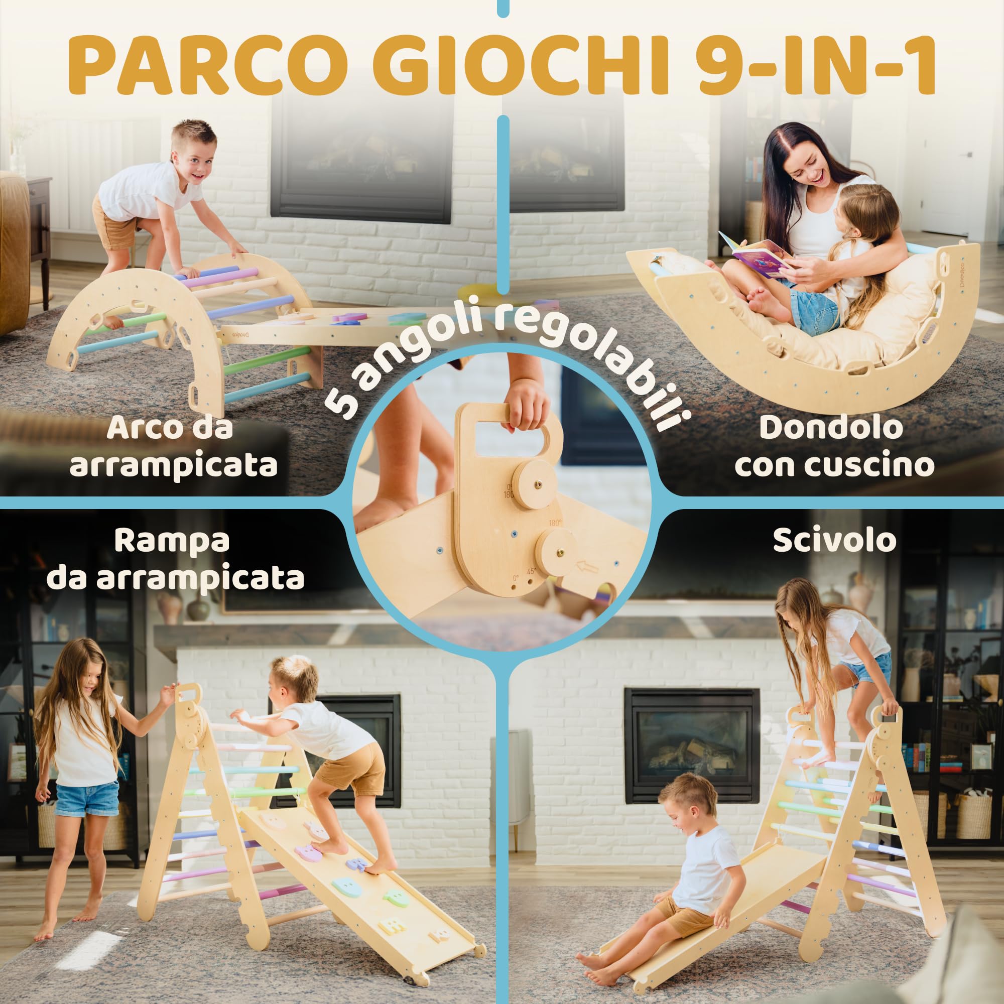 9in1 Montessori triangolo grande da 1 a 7+ anni – 5 angoli regolabili – set di palestra in legno con arco Montessori e rampa per l'arrampicata per bambini da esterno ed interno