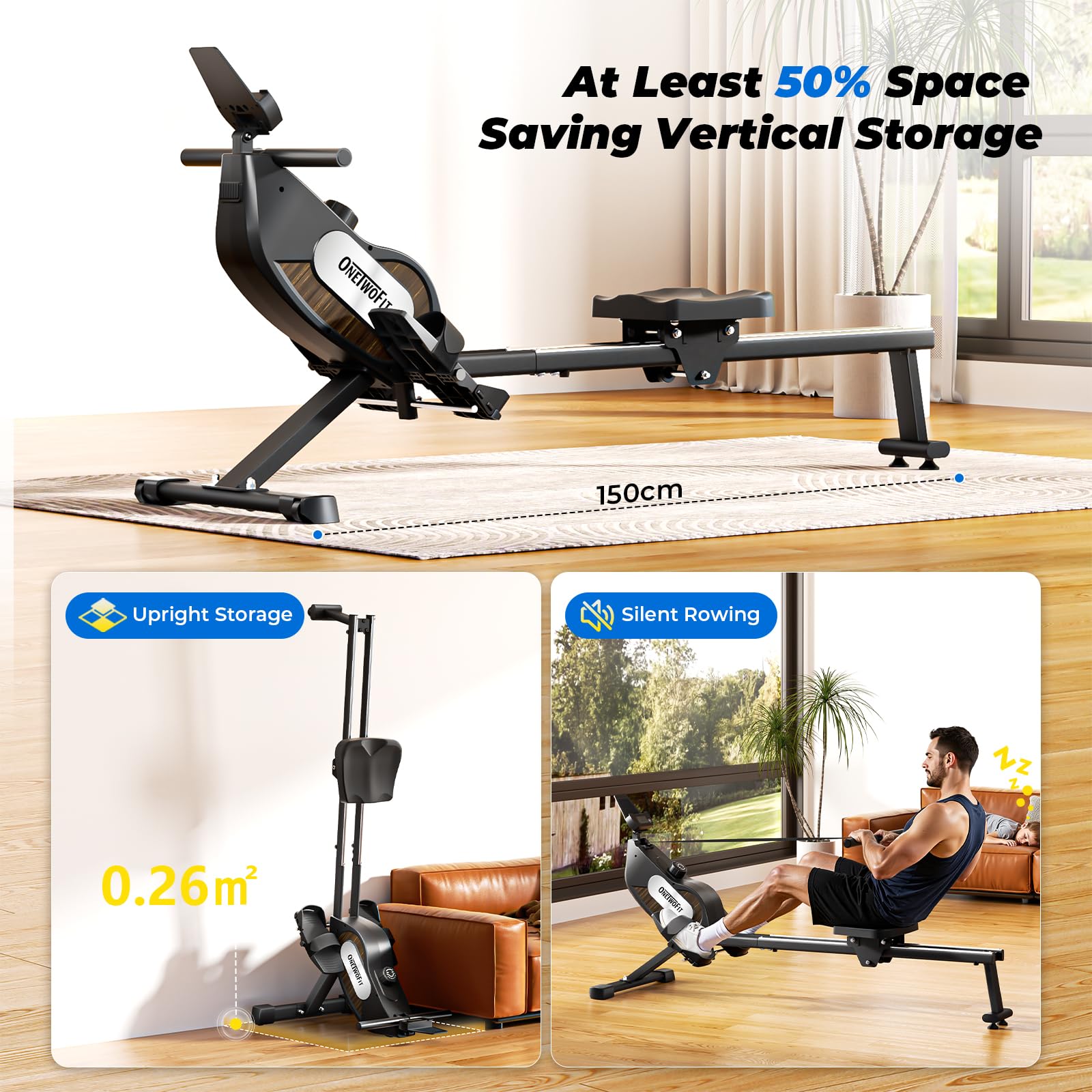 ONETWOFIT Rudergerät Für Zuhause Klappbar Pro, Stepper Für Zuhause, 16 Stufen des Stillen Widerstands Fitnessgeräte, Crosstrainer 160 Kg Kapazität, App-Kompatibel