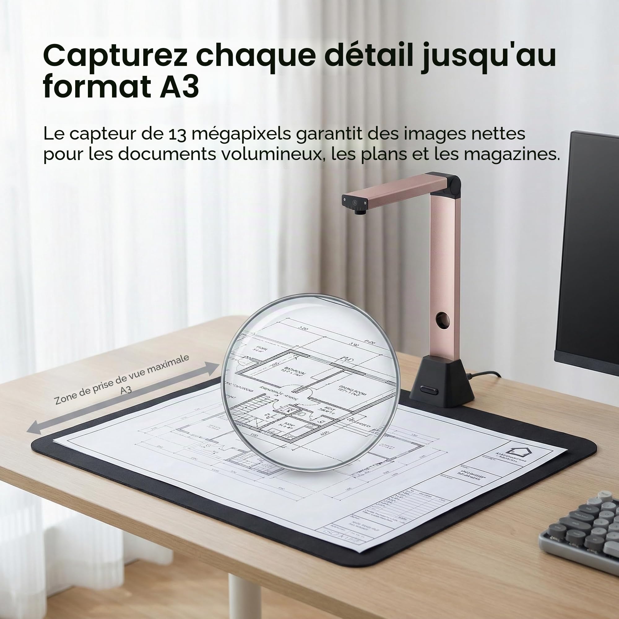 Scanner Document A3 Portable: 13MP Haute Définition OCR Caméra Automatique avec LED Intégrée USB Compatible Windows (Non Mac) Usage Bureau Maison Éducation Entreprise