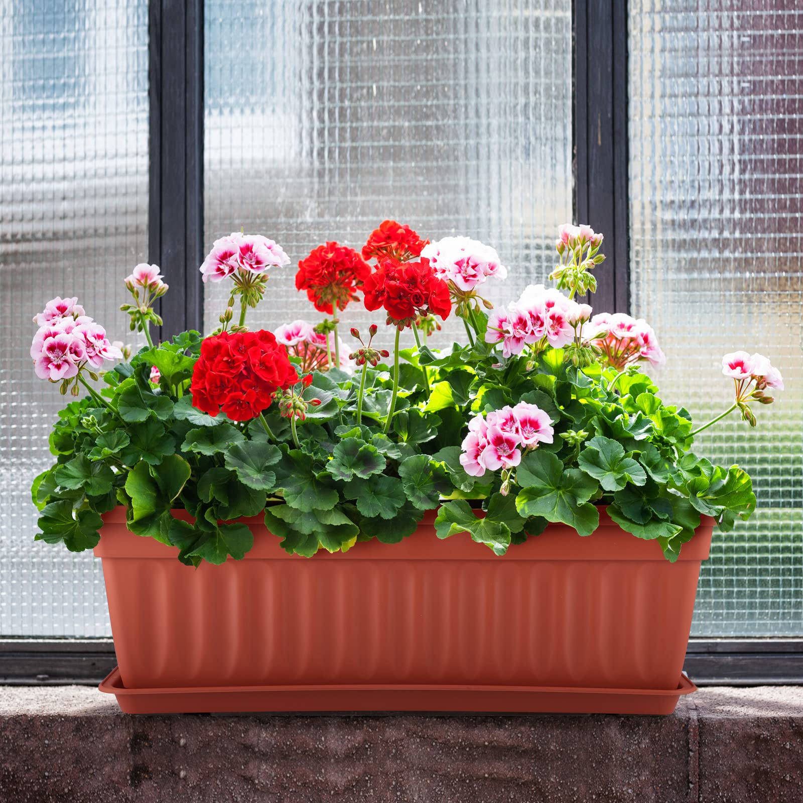 Skelang 5 vasi da fiori rettangolari 42,7 cm, supporto per piante con vassoio, fioriera da giardino con etichetta, per piante grasse, erbe, fiori (rosso mattone)