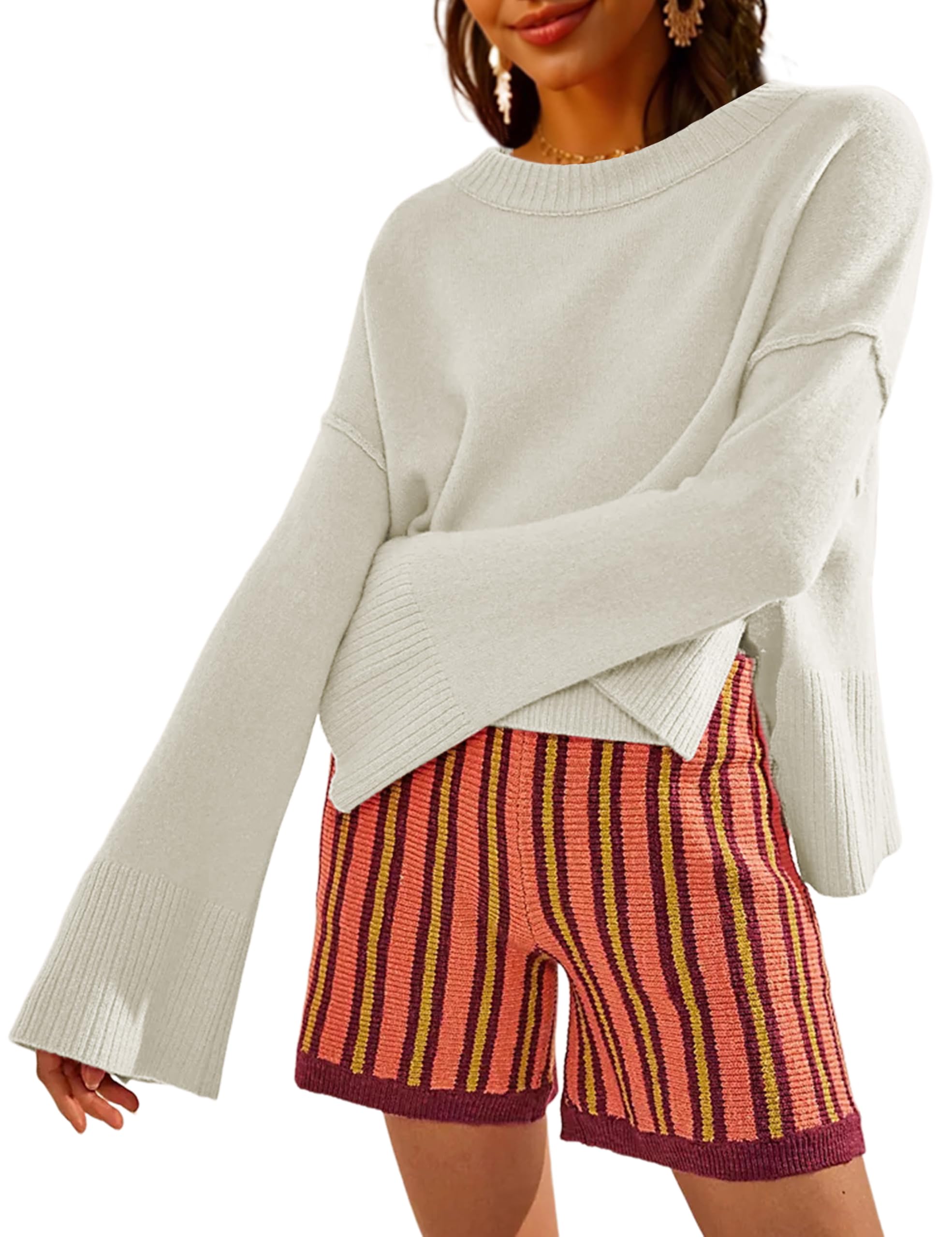 Womens Lightweight Sweaters Crewneck Bell-Style Sleeve Batwing Knit Tops Slouchy Soft Pullover Jumpers
