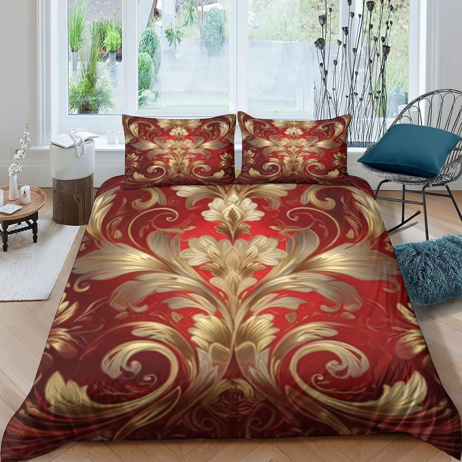 GPLZQXKJNH 3D Printed Baroque Floral Duvet Cover Microfiber Soft Breathable Golden Ornamental Bedding Set with 2 Pillowcases for Bedroom Decor Single（135x200cm）