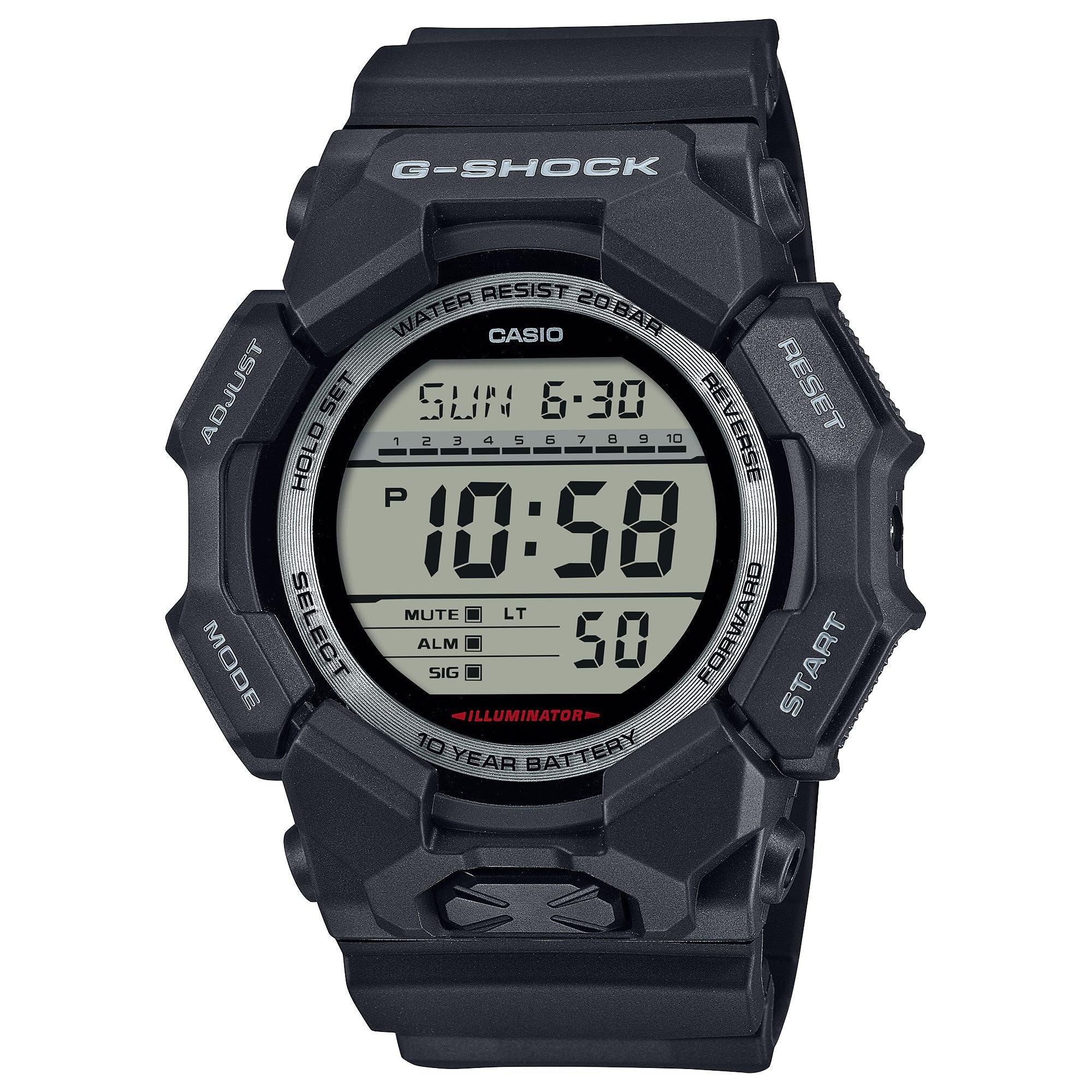 Přední view of G-Shock GD010 digital watch displaying time and date