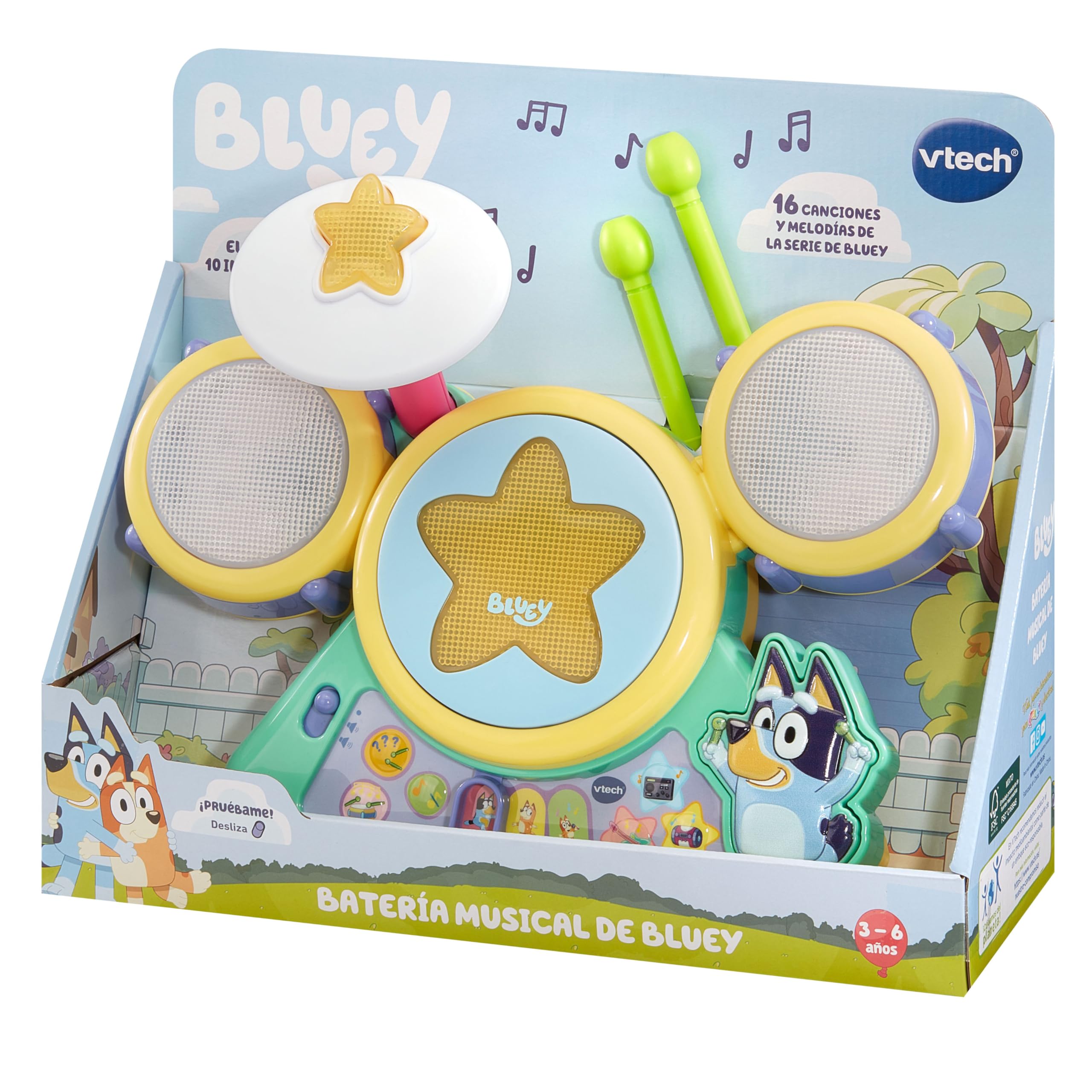 VTech - Batería Musical de Bluey, Juguete Interactivo, Tambores, Bombo y Timbal, Estimula la motricidad, 3 Modos de Juego, Regalo niños +2 años, Versión ESP
