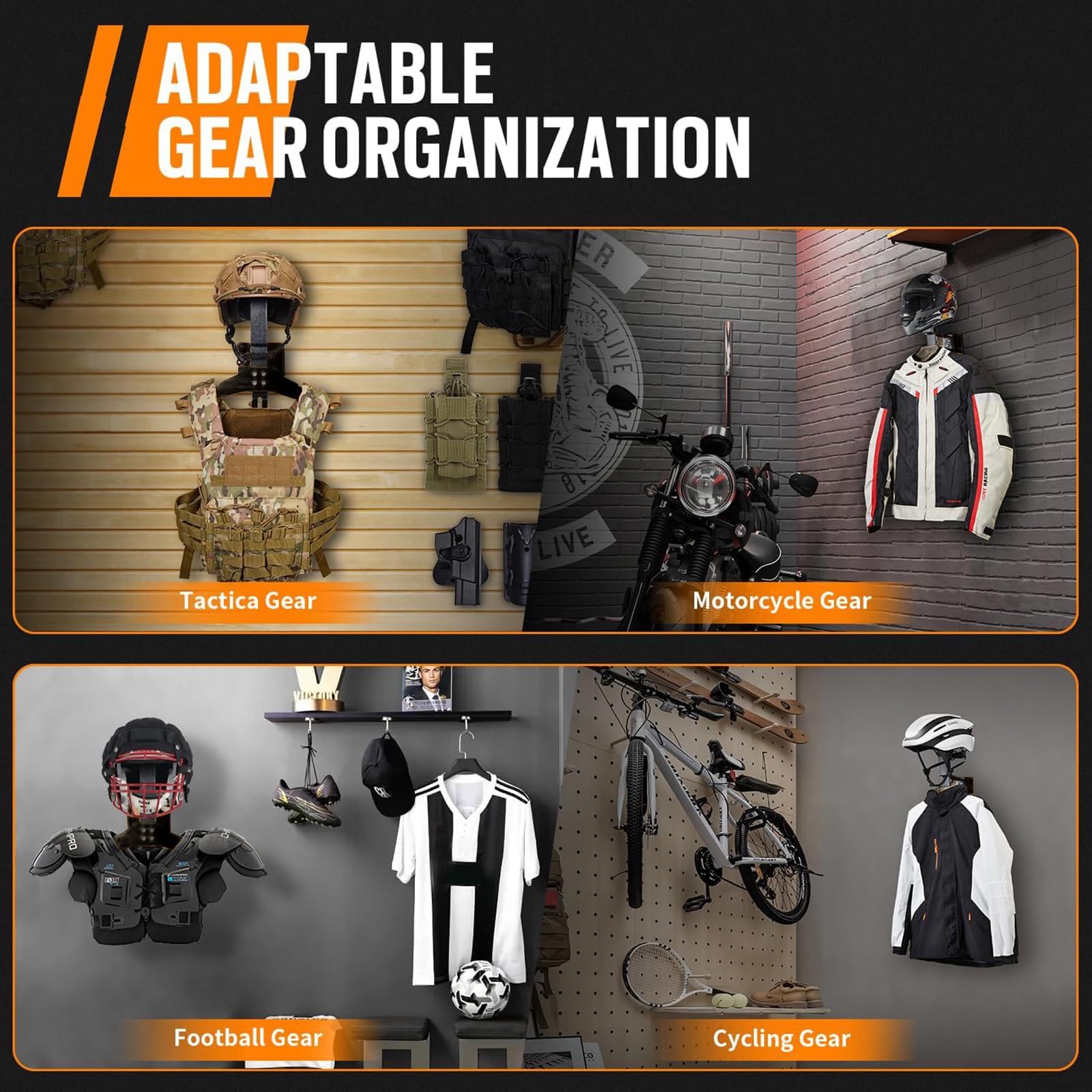 Support mural tactique pour casque de moto, support de veste, support de plaque de support de support pour équipement de police, football, cyclisme (noir)