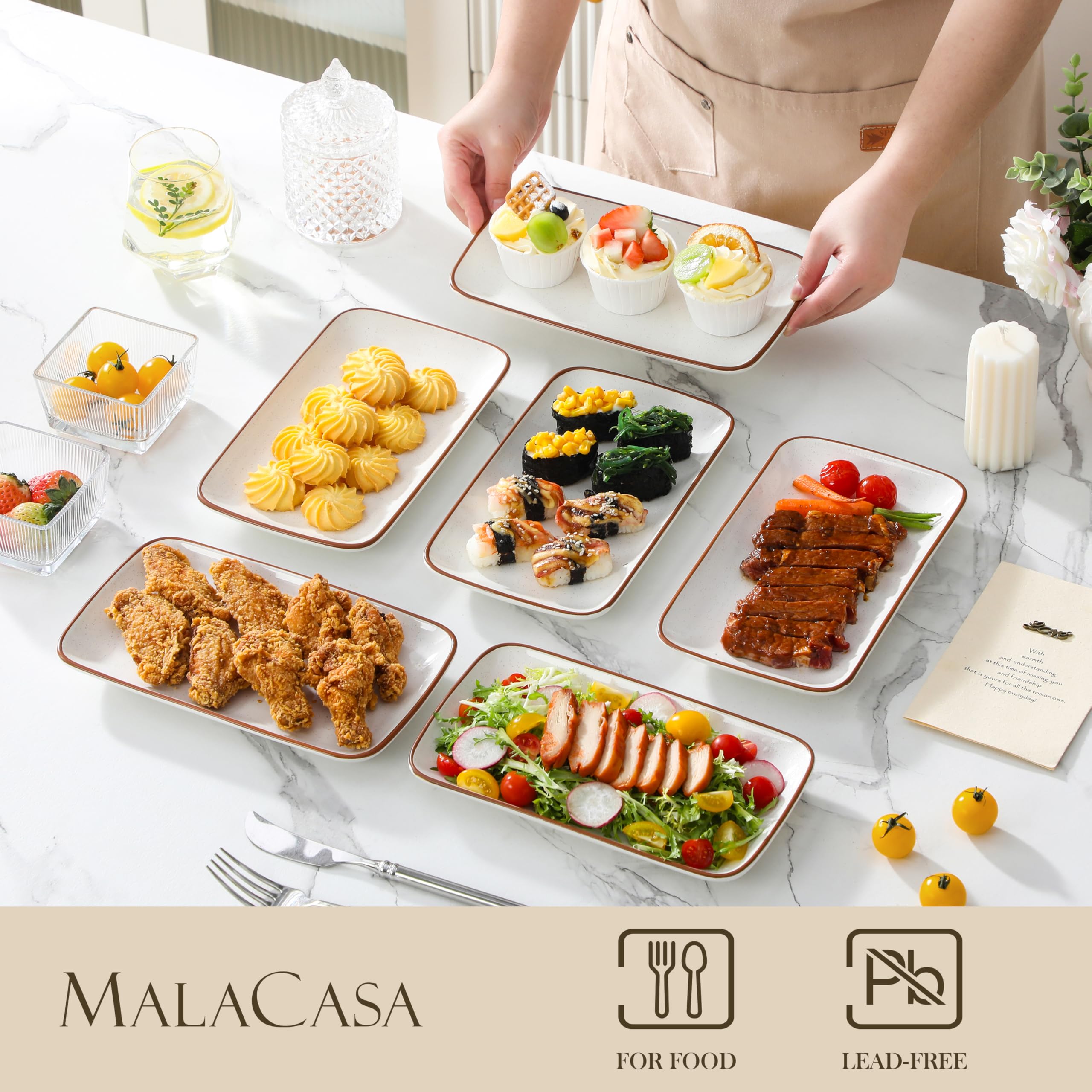 MALACASA Set di 6 piatti da portata rettangolari in porcellana da 24,1 cm, piatti da sushi, piatti per servire alimenti, dessert, lavastoviglie e microonde, serie Tara