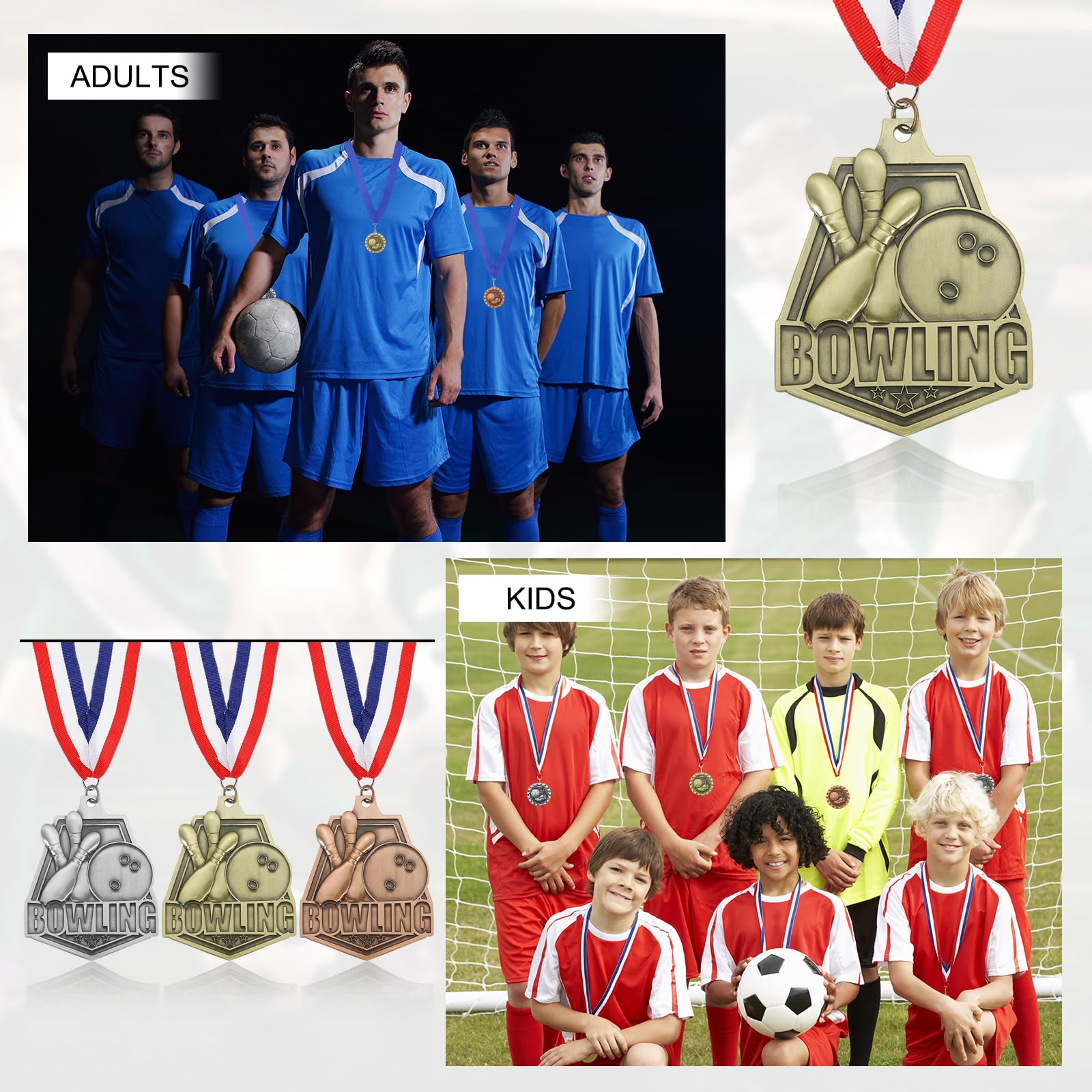 PATIKIL Medaglie d'oro, Argento e Bronzo Rilievo per Giochi Bowling con Nastri Rosso, Bianco e Blu, Medaglia di Bowlingo 9Pz Medaglie per Vincitori Premi Competizioni Oro/Argento/Rosso