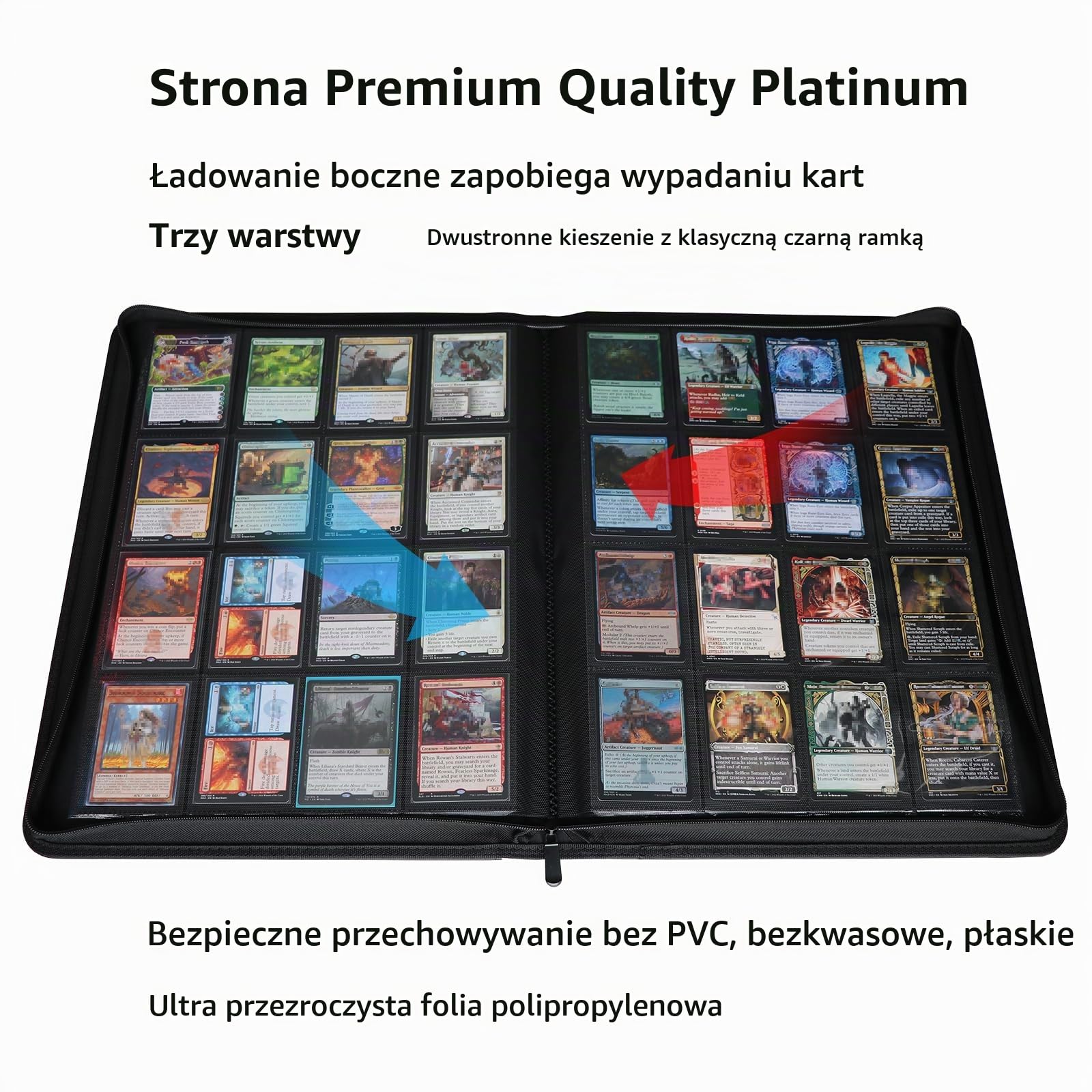 Rayvol Segregator na karty premium 1000+ kieszeni, 16-kieszeniowy segregator na karty kolekcjonerskie bez dzwonka - ładowanie boczne UltraSonic-161024 Tech Zip Binder do TCG - czarny