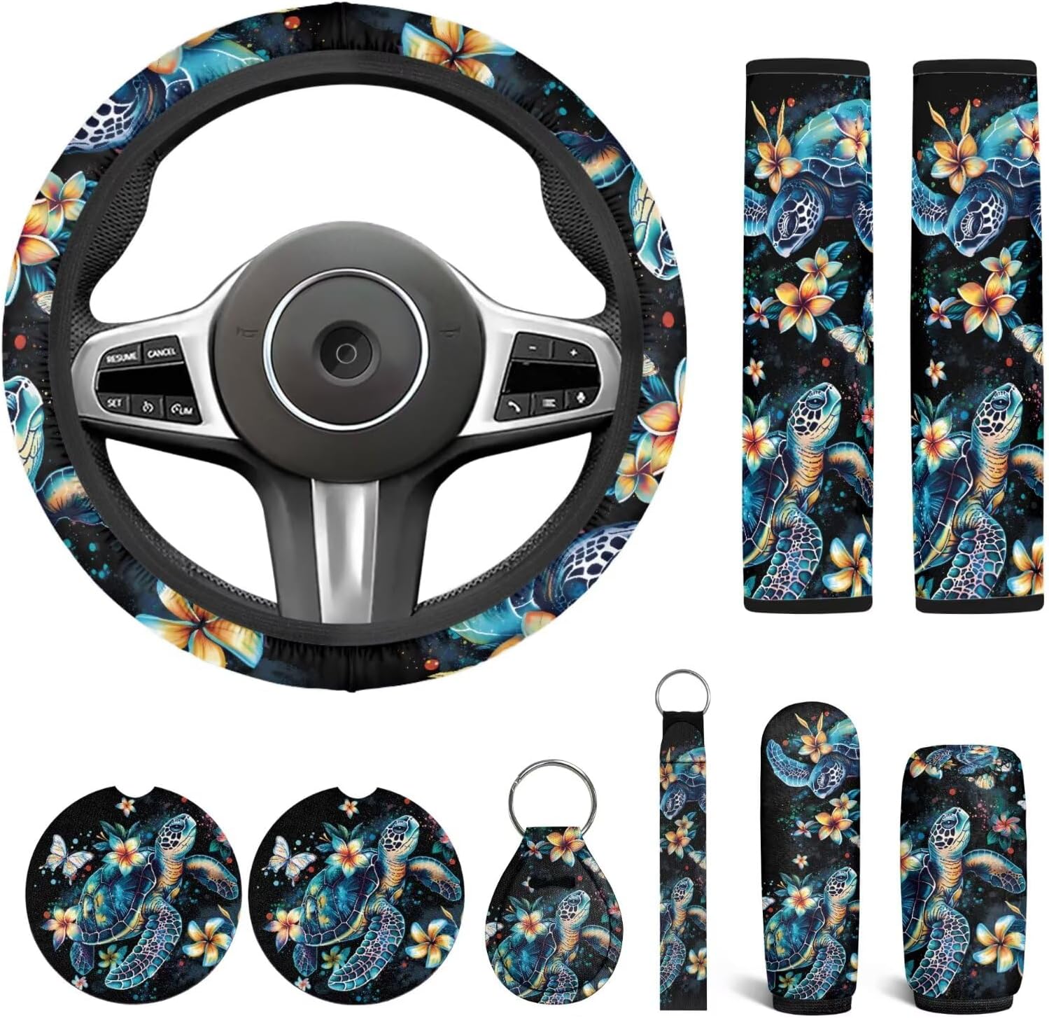 Sea Turtle Car Accessories Set of 9 Pack Blue Sea Turtle Steering Wheel Car Covers Universal Fit Car Seat Belt Pads Cover for Women Men Gear Lever Cover and Anti Slip Handbrake Covers