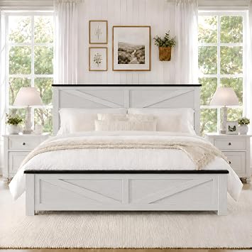 Full Size Farmhouse Wooden Platform Bed Frame with 45.3" Tall Geometric Headboard, Wood Bedframe with Strong Slat Support, Noise-Free, No Box Spring Needed, Easy Assembly, White