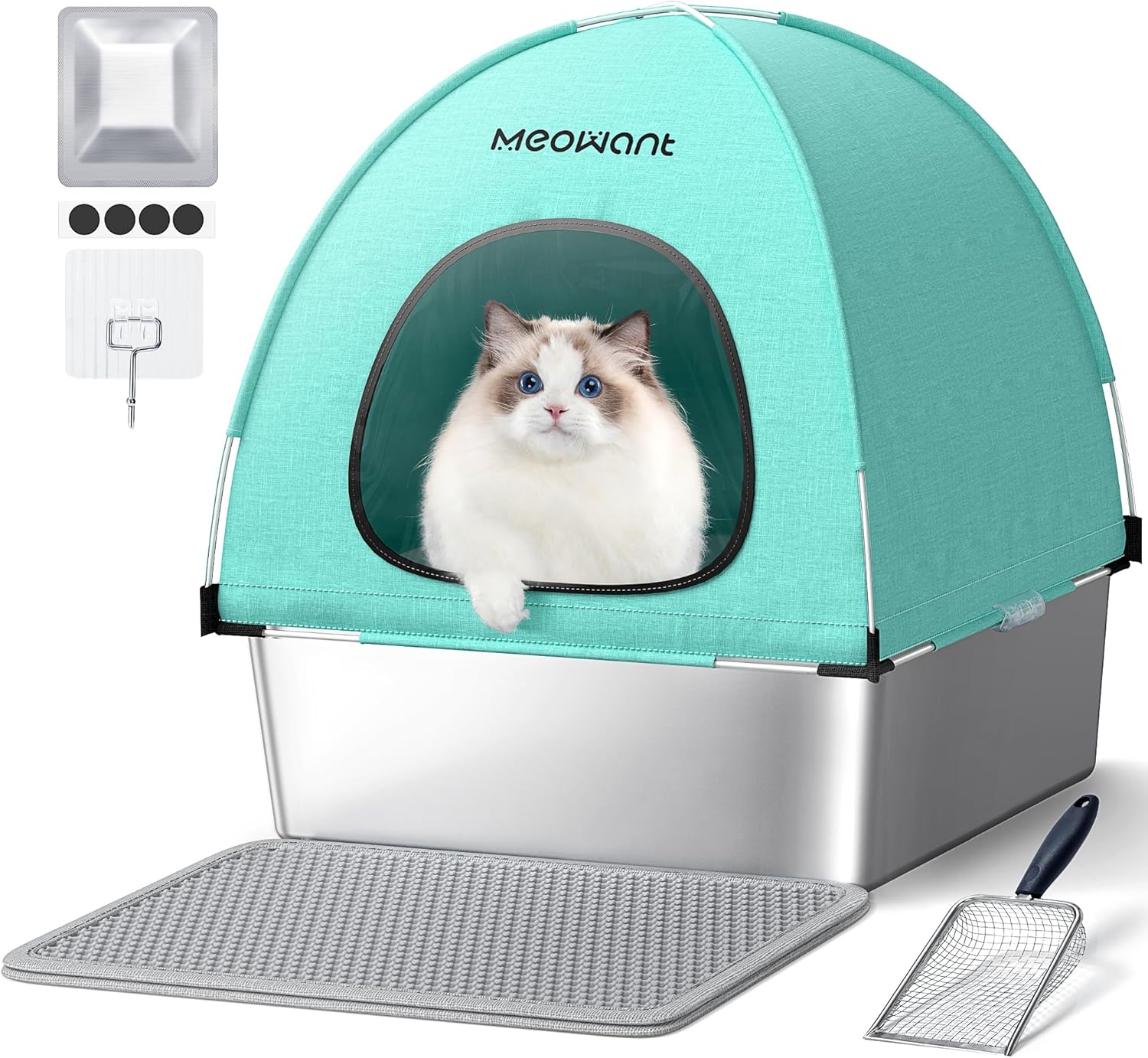 MeoWant Stainless Steel Cat Litter Box with Lid – Extra Large Enclosed Removable Metal Litter Tray with High-Sided Oxford Fabric Cover, Litter Scoop&Mat, Non-Sticky, Easy Cleaning for Big Cats
