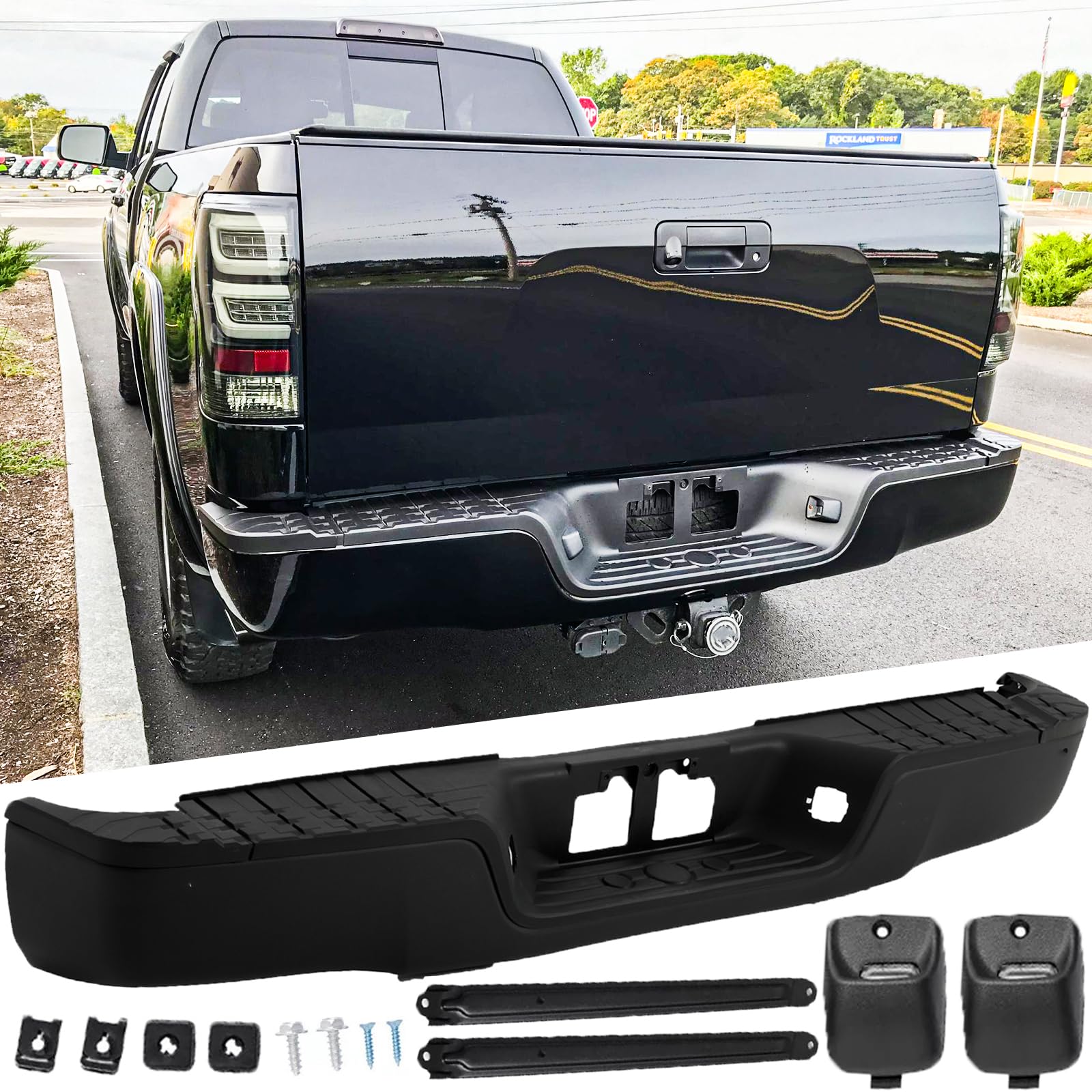 Rear Steel Step Bumper Assembly for 2007-2013 Toyota Tundra without Park Sensor Holes Black Back Bumper Replacement for TO1103115,with Pads Brackets and License Plate Lights