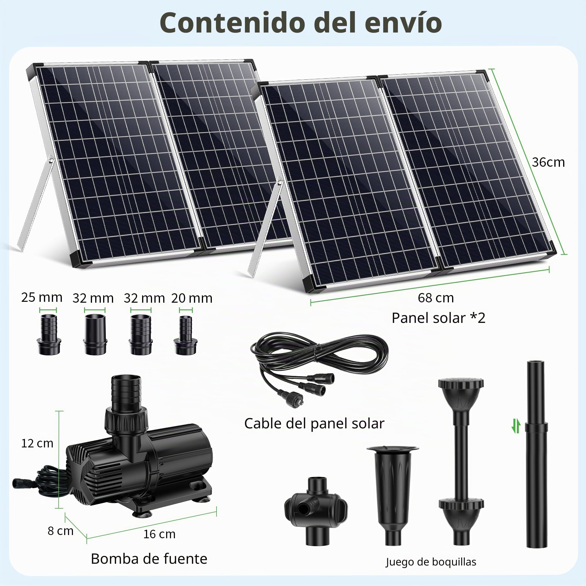 POPOSOAP Bomba solar para estanque de 120 W, 6000 l/h, para estanques de jardín, jardín acuático | Fuente solar con flujo ajustable, bomba de agua CC, paneles solares dobles, 3 boquillas de pulverización