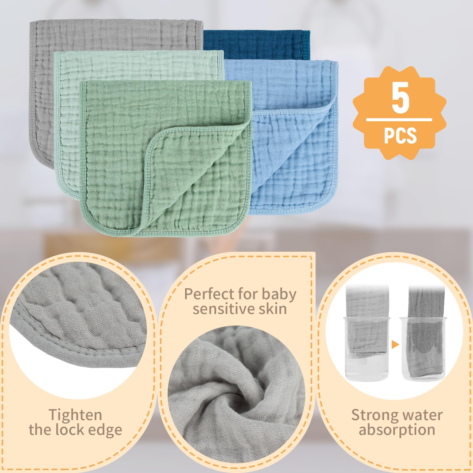 MIGIOL Baby Burp Cloths 100% Cotton Newborn Muslin Burp Cloths 10x20 inches Baby Essentials Blue & Green 5-Pack view 6