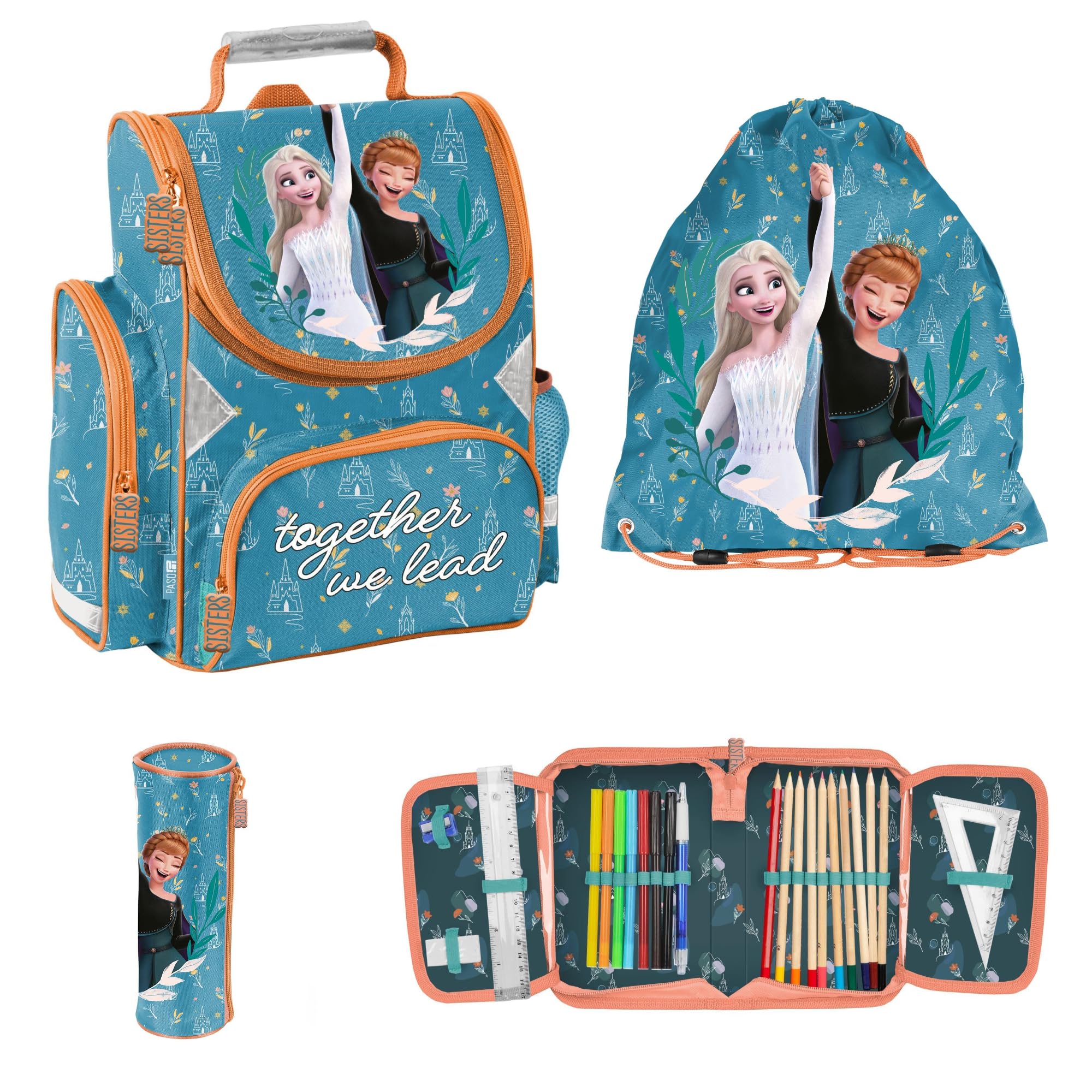 PASO Ensemble d'école 4 pièces : cartable + sac de gym + trousse remplie + trousse - La Reine des Neiges