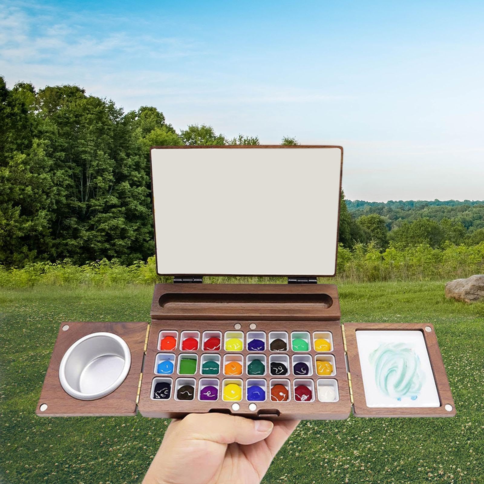 Perfeclan Caja de Pintura de Acuarela, Paleta de Pintura de Viaje Plegable para Pintar y Hacer Manualidades con área de Mezcla, Bandeja de Pintura de Madera,