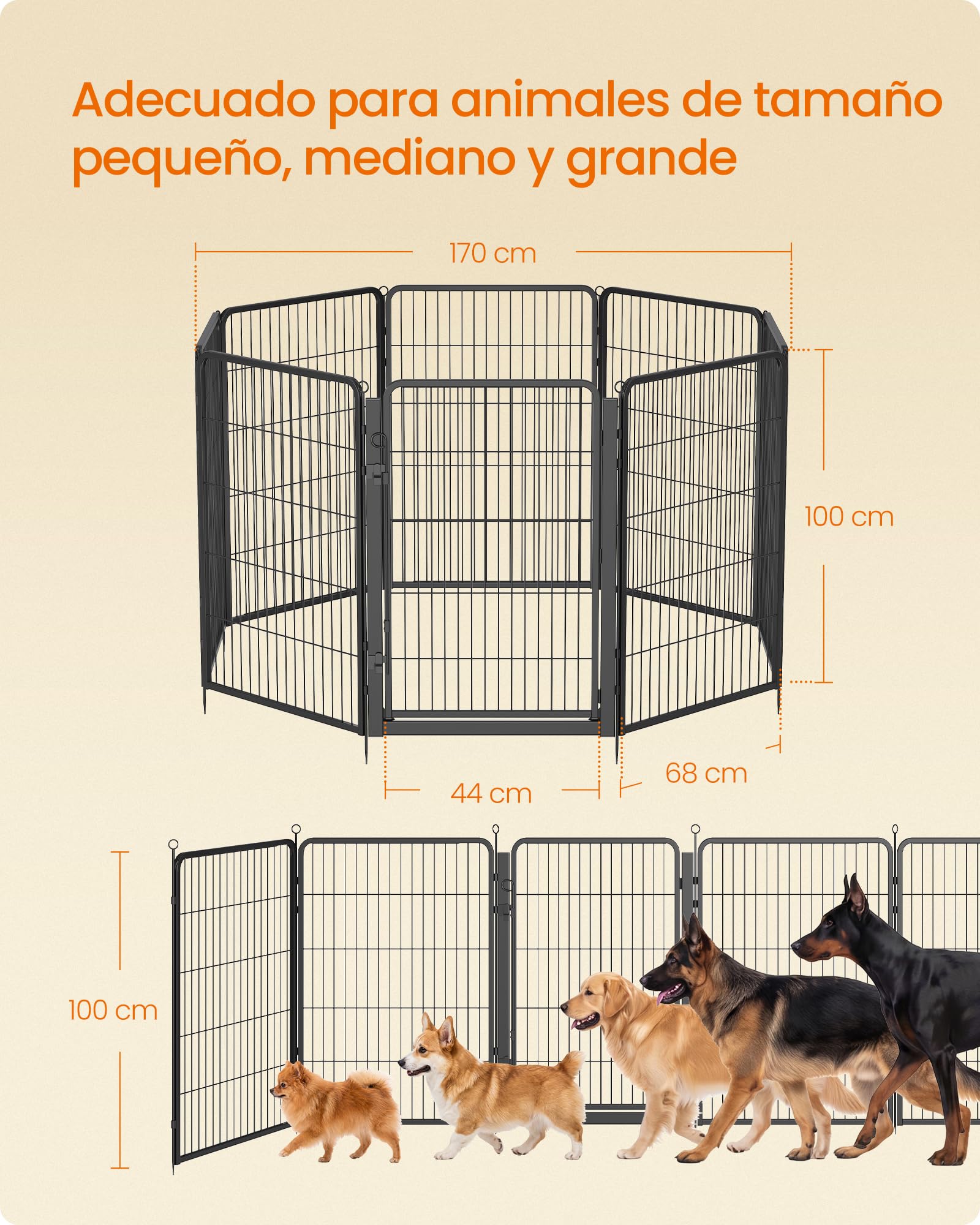 Feandrea Parque para Perros, Valla de Acero para Mascotas, Corralito Plegable con Puerta, 170 x 170 x 100 cm, Negro Ahumado, Uso en Interiores y Exteriores, Colección Dack PPK021B102