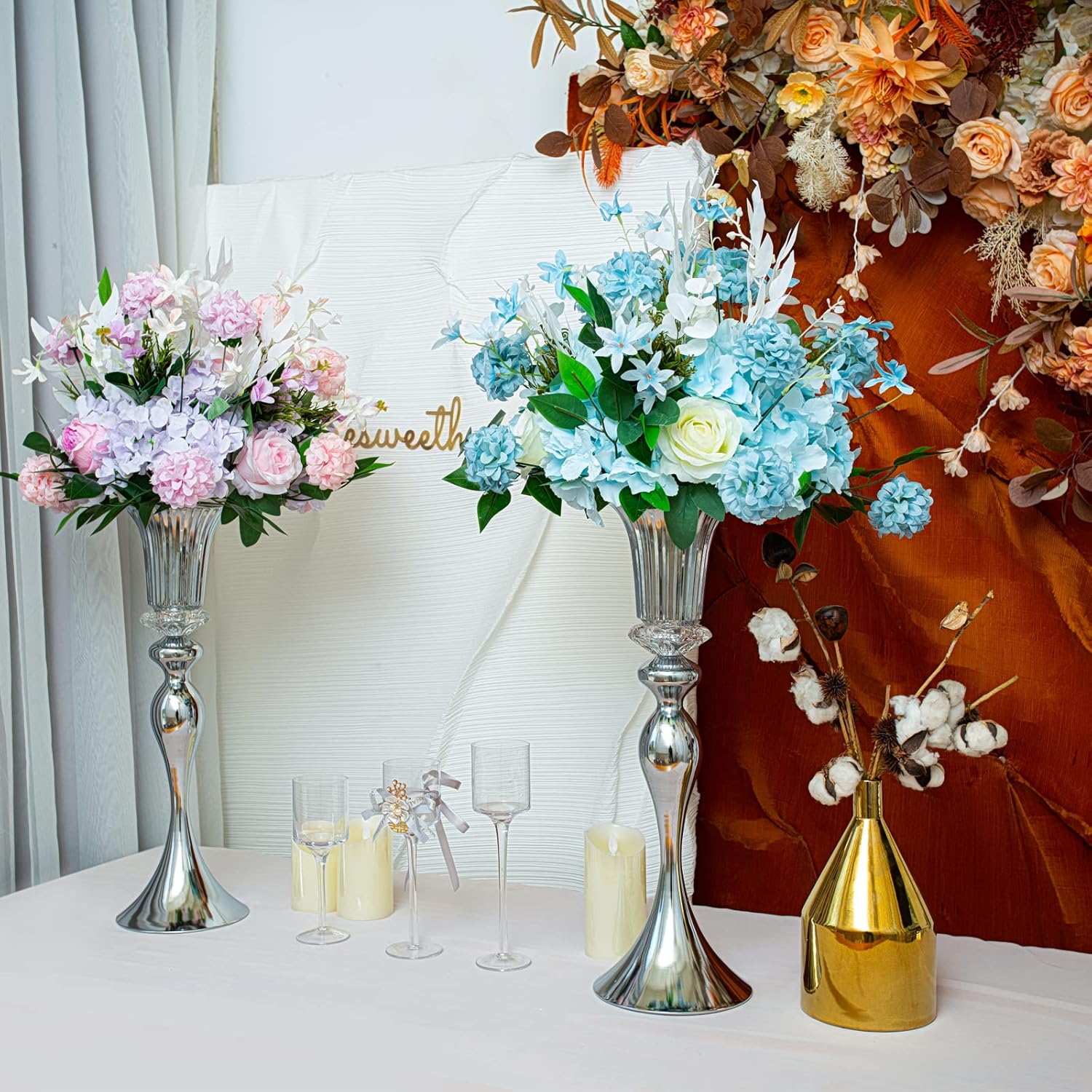 LANLONG Silver Metal Trumpet Vase, 22in Wedding Reception Centerpiece, 2Pcs Set, with Crystal Bead for Home Decor