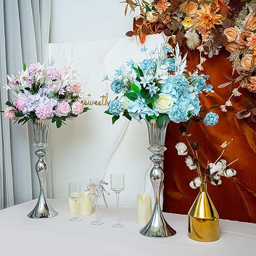 Miniatura 4 de Jarrones de metal para trompeta de boda, jarrones de mesa elegantes de 22 pulgadas de alto, soportes de arreglo floral dorado para aniversario,