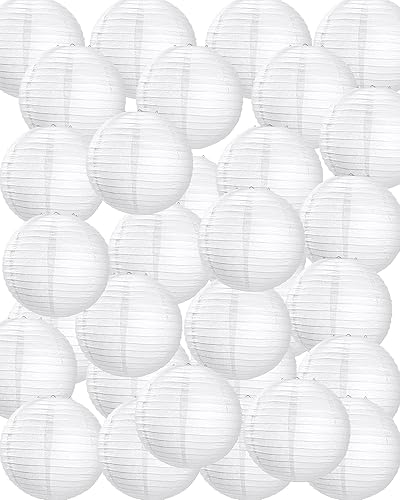 Treela Paquete de 30 faroles de papel chinos japoneses blancos decorativos colgantes de bola, faroles redondos de papel para bodas, fiestas de