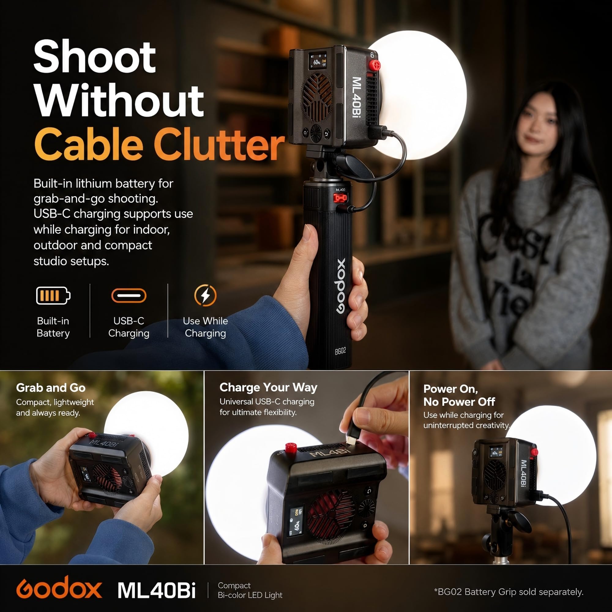 Godox ML40Bi LED-videolicht, dwukolorowe, 26400 luksów @ 1 m z reflektorem ML-L10, 2800 K-6500 K, CRI/TLCI 96+, 11 efektów FX, NFC-app, uchwyt Godox, USB-C do vlogowania