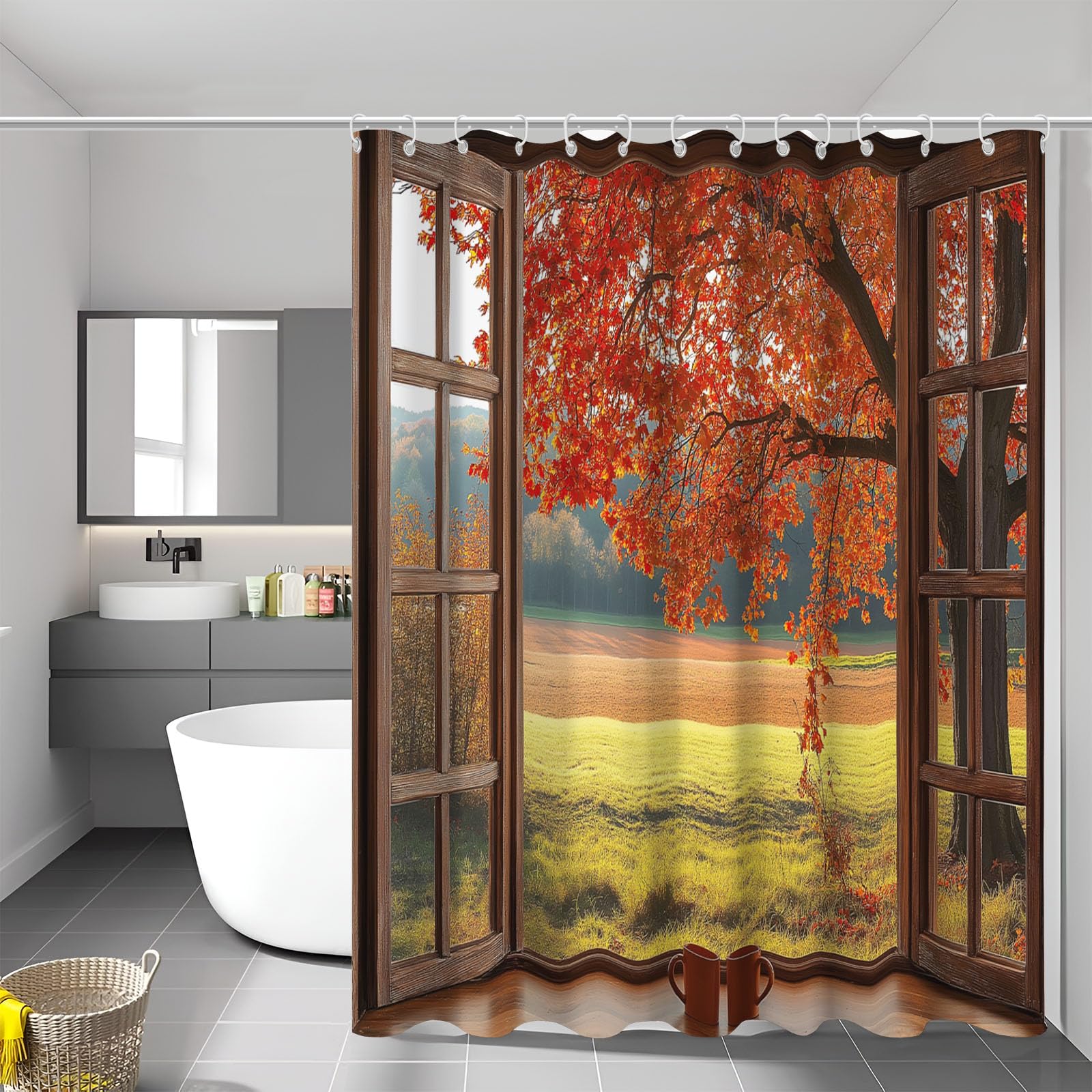 Rideau de douche automne en tissu imperméable premium avec œillets renforcés pour la salle de bain