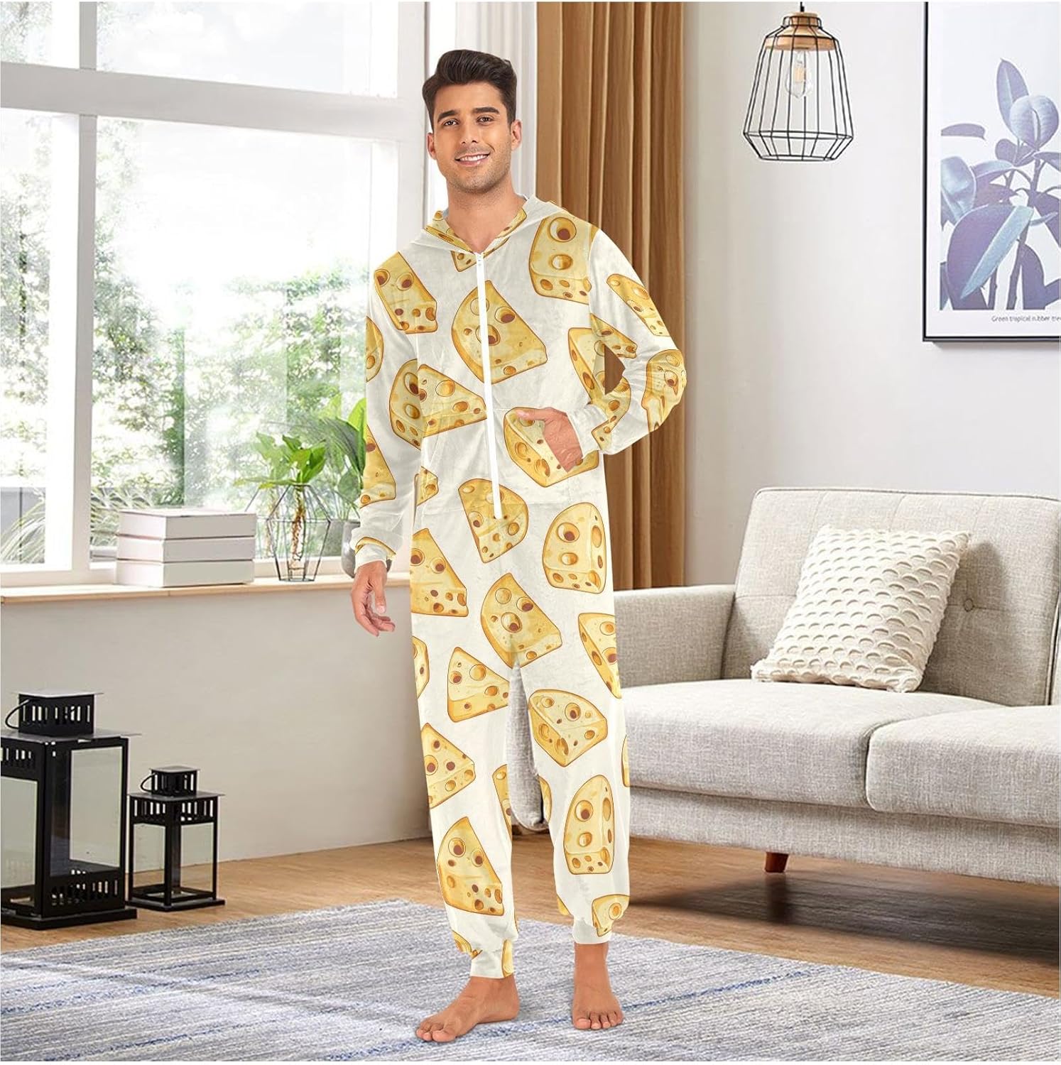 ZZKKO Cartoon Cheese Adult Onesie Pajamas for Women Men Cozy One Piece Pajamas Costume Zip-Up Hooded S-XL