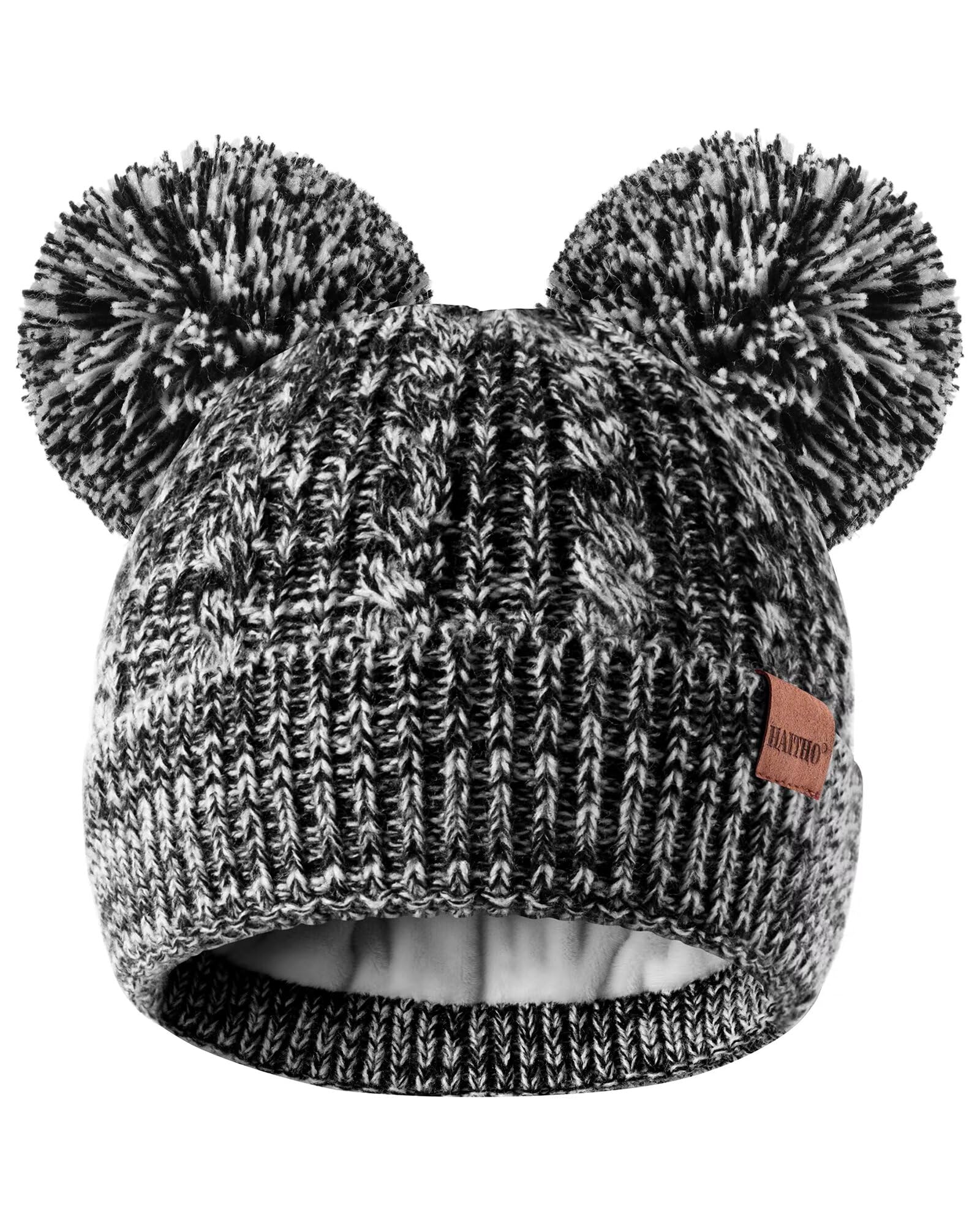 HAITHO Winter Hat for Kids Toddler Children, Girls Beanie with Double Pom Pom Warm Fleece Lined, Girls Accessories Knit Cap