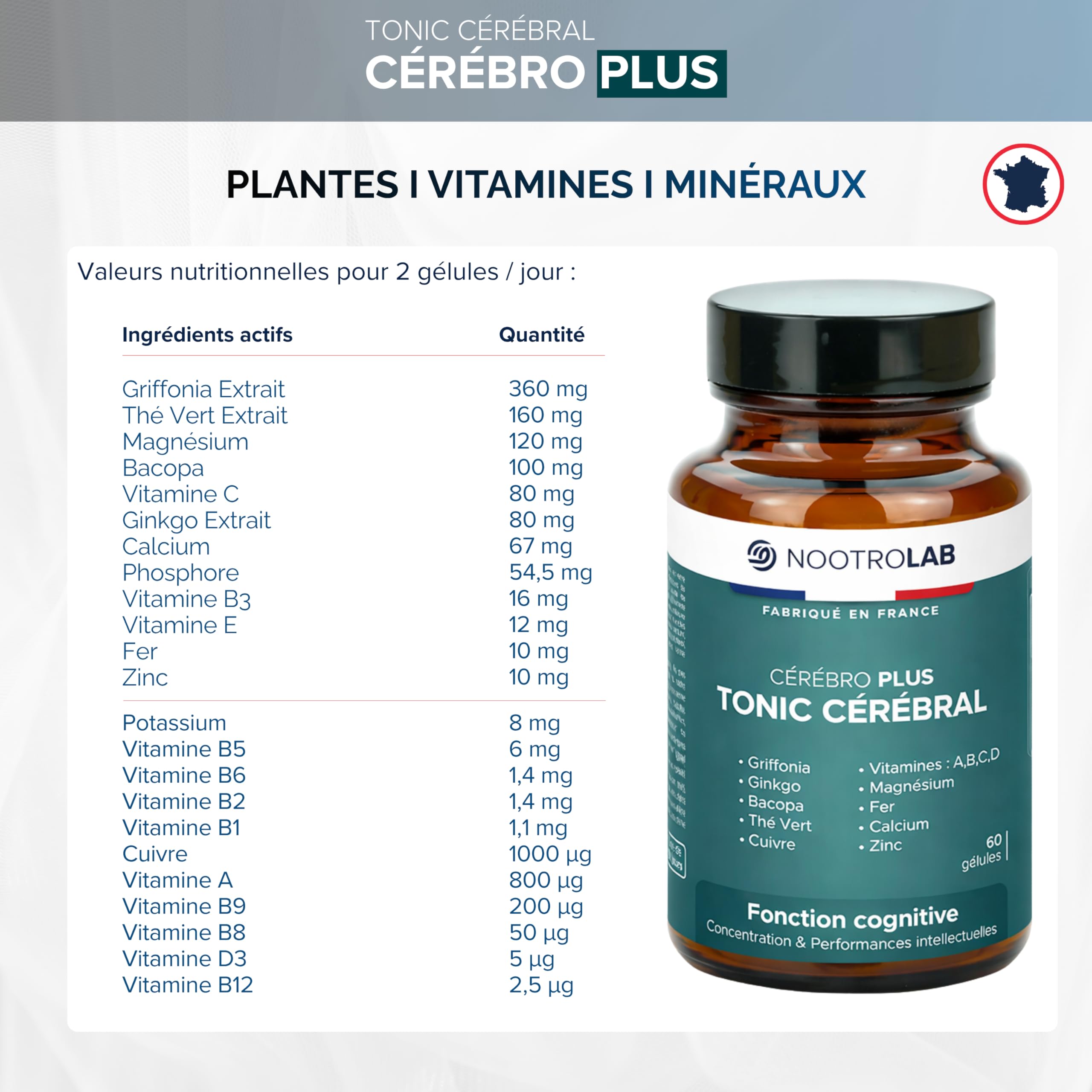 Nootropique Mémoire et Concentration | Complément Alimentaire Cerveau | Focus, Clarté Mentale & Énergie | Bacopa | Griffonia | Ginkgo | Thé vert | Vitamines B, C, D minéraux