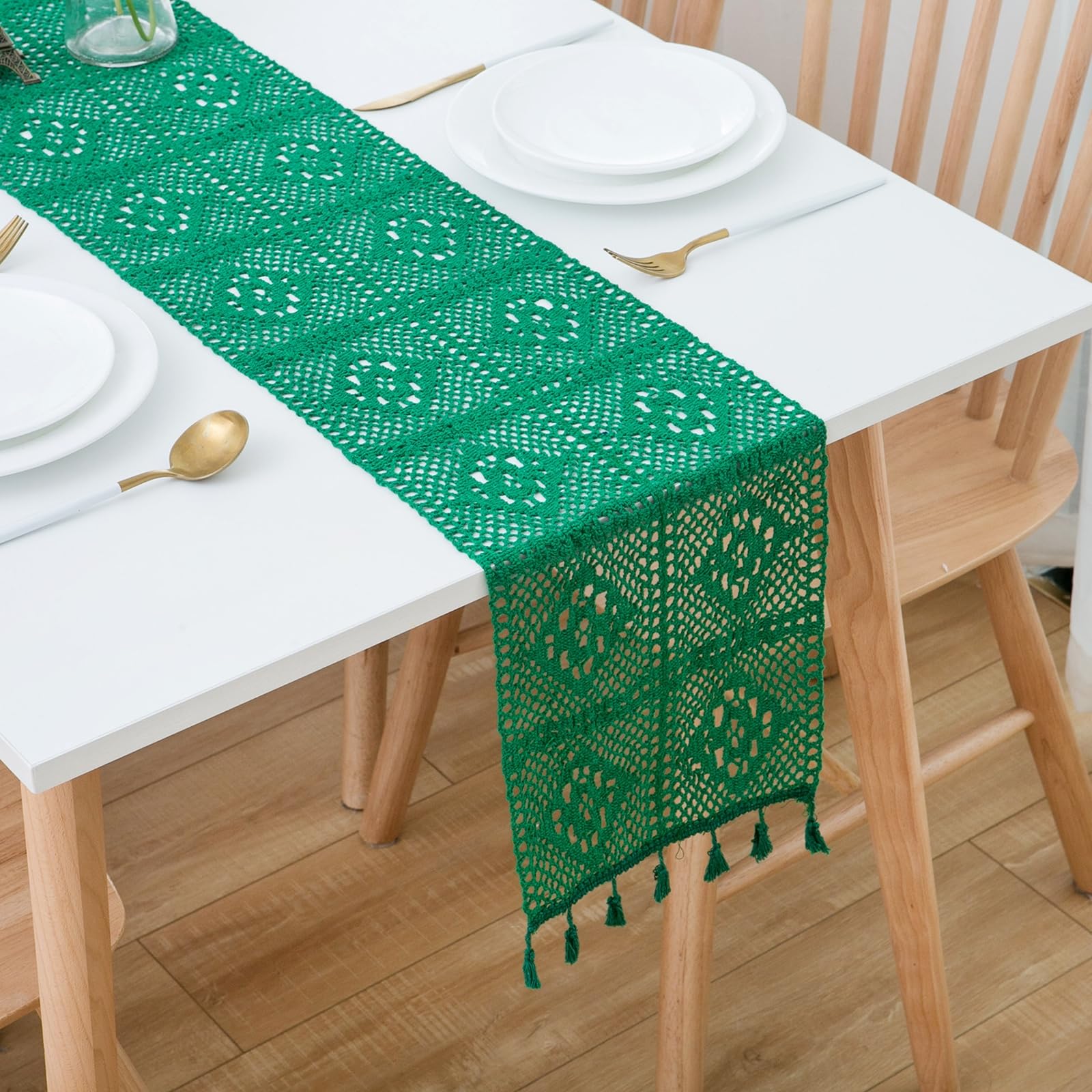 Grün Tischläufer Polyester Baumwolle, Deko Tischläufer Abwaschbar Einfarbig Hohl Geometrisch Kariert Muster mit Quasten Tischdecke für Küche Esszimmer Dekor, 24x300 cm, Grün