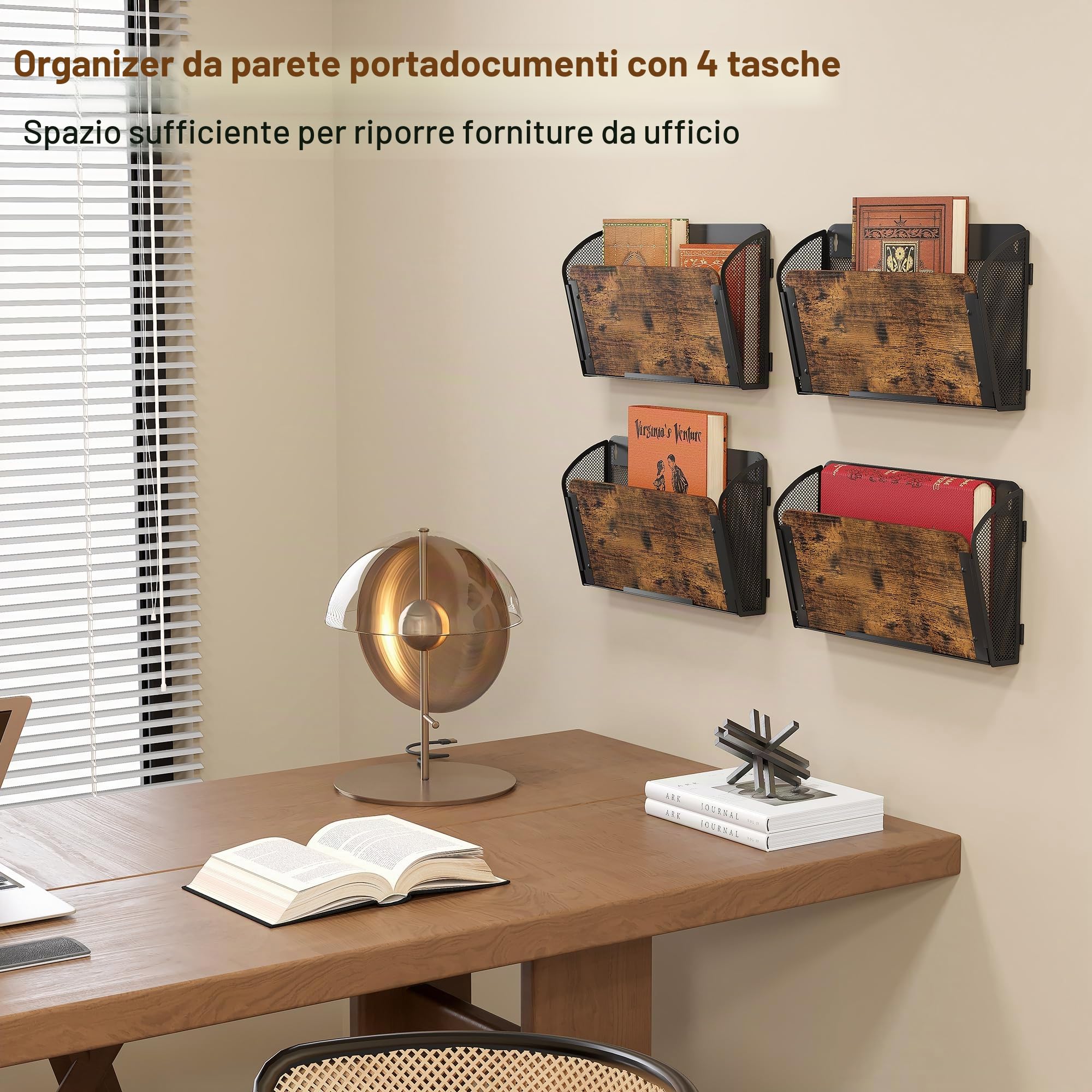 TQVAI Organizer Documenti Parete, 4 Tasche Metallo Legno Portariviste Parete Scaffale per Documenti A4 Organizzatore Scrivania Ufficio Casa, Antico/Nero