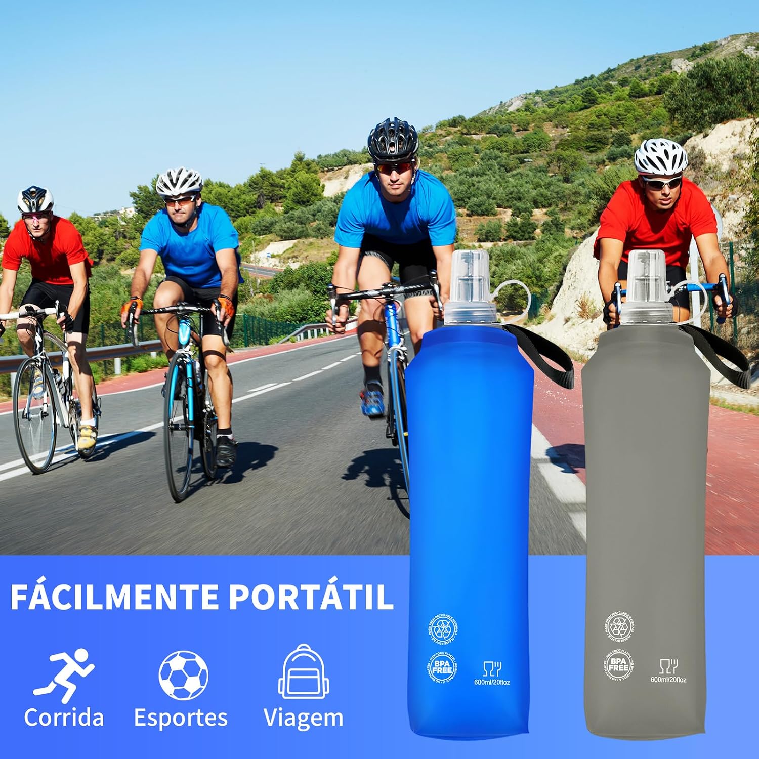 Frasco macio, frasco de hidratação dobrável em TPU para pacotes de hidratação/coletes de corrida - corrida, caminhada, ciclismo Garrafa dobrável 600ml (freixo)