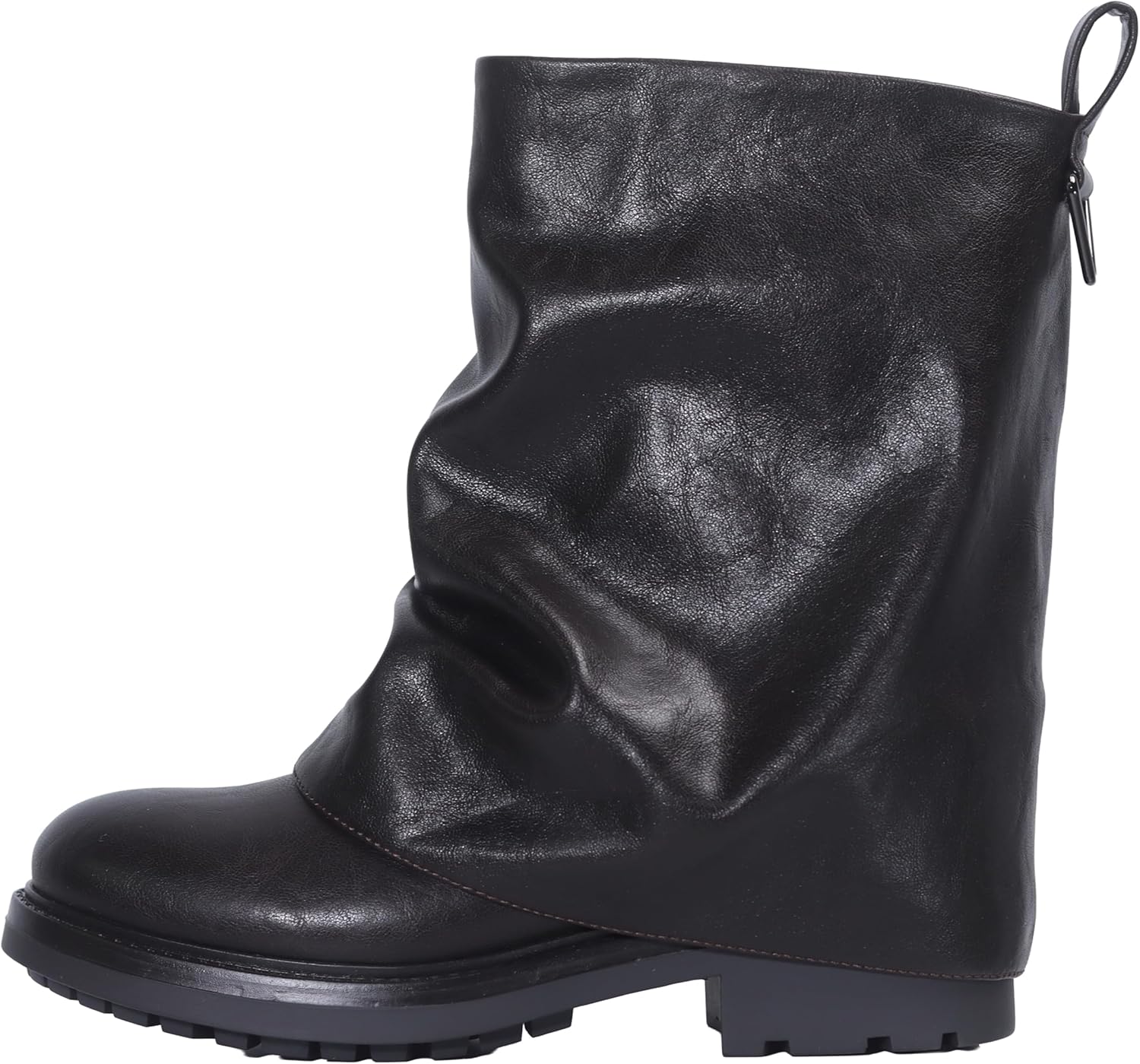 Women's Fold Over Ankle Boots with Zipper - Trendy Wide Calf Pull On Boots with Round Toe - Image 3
