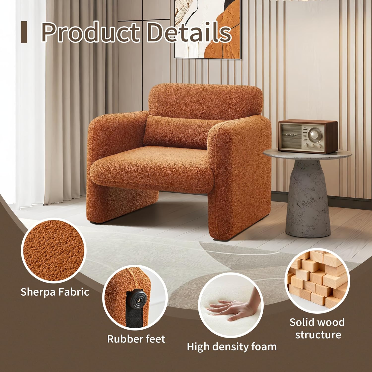 33.86" Accent Chairs, Modern Velvet Fabric Arm Chair Comfy Upholstered Armchair Leisure Single Sofa Chair with a Waist Pillow for Bedroom, Office and Living Room (Orange, 33.86")