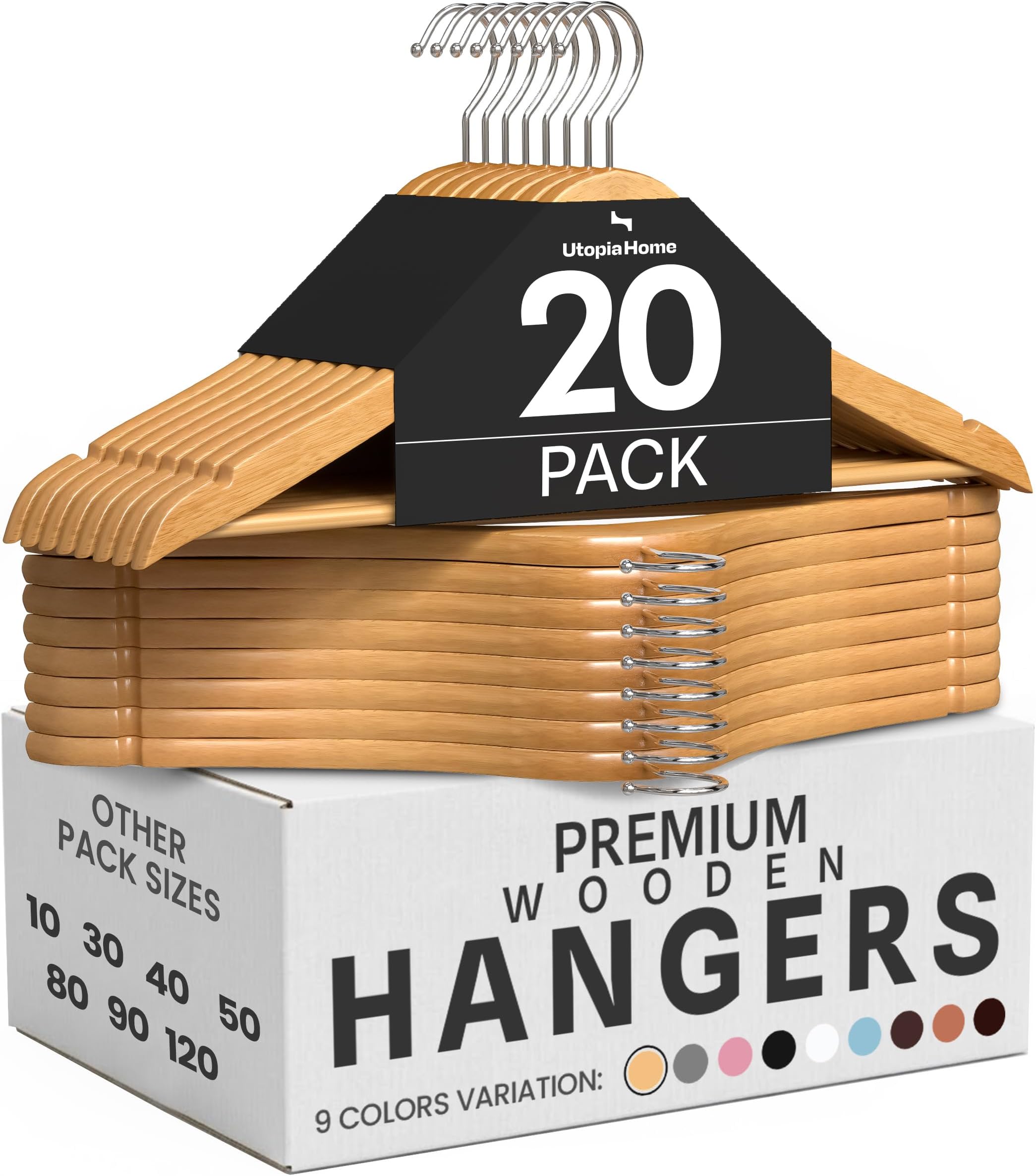 Utopia Home Premium Wooden Hangers 20 Pack - Heavy Duty & Durable Coat Hanger - Wood Hanger with 360-Degree Rotatable Hook - Clothes Hangers with Non-Slip Shoulder Notches For Shirts & Coats (Natural)