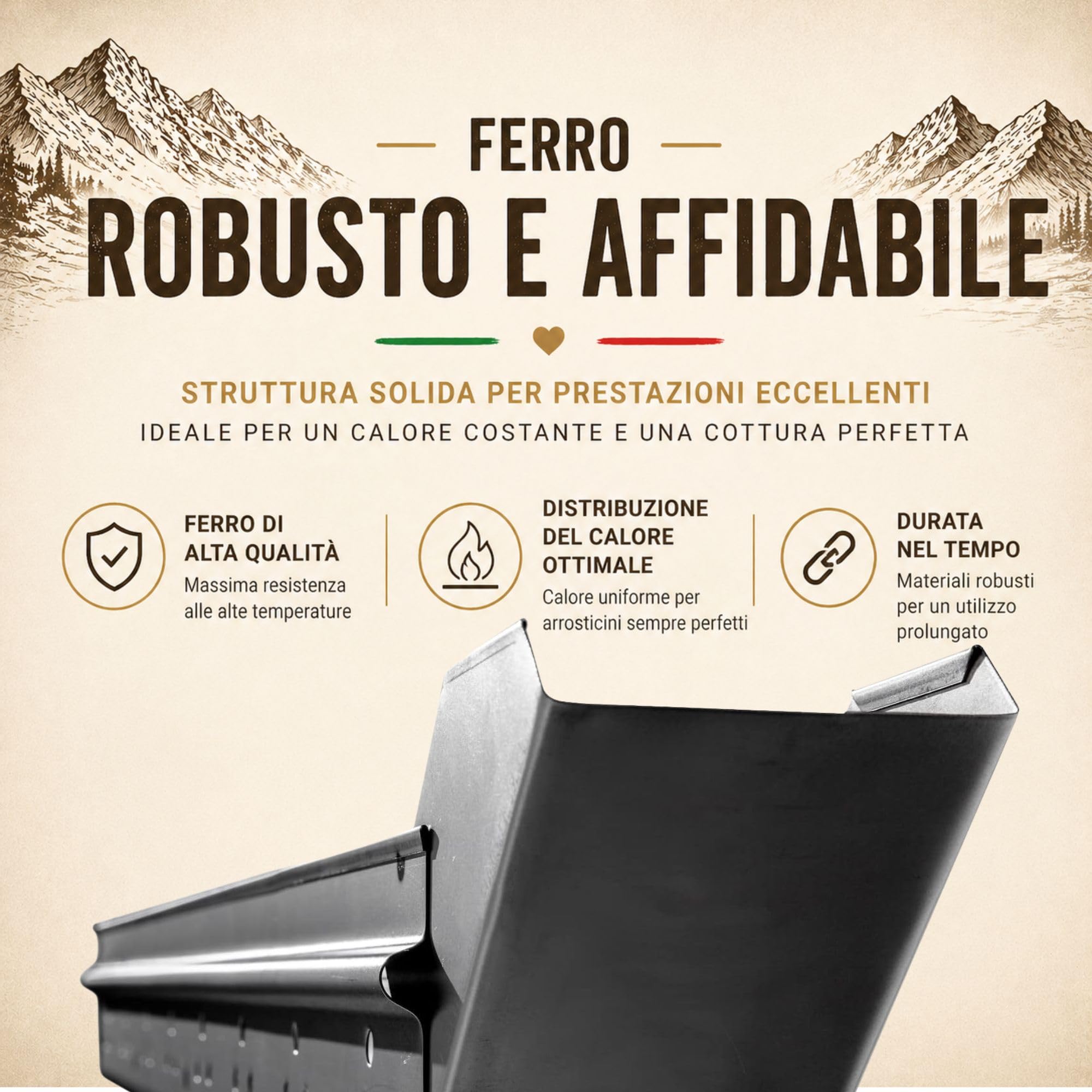 Fornacella Arrosticini Abruzzesi C80 - Canalina Barbecue a Carbone per Spiedini - Cuoci Arrosticini in Ferro Made in Italy con Paletta e Attizzabrace