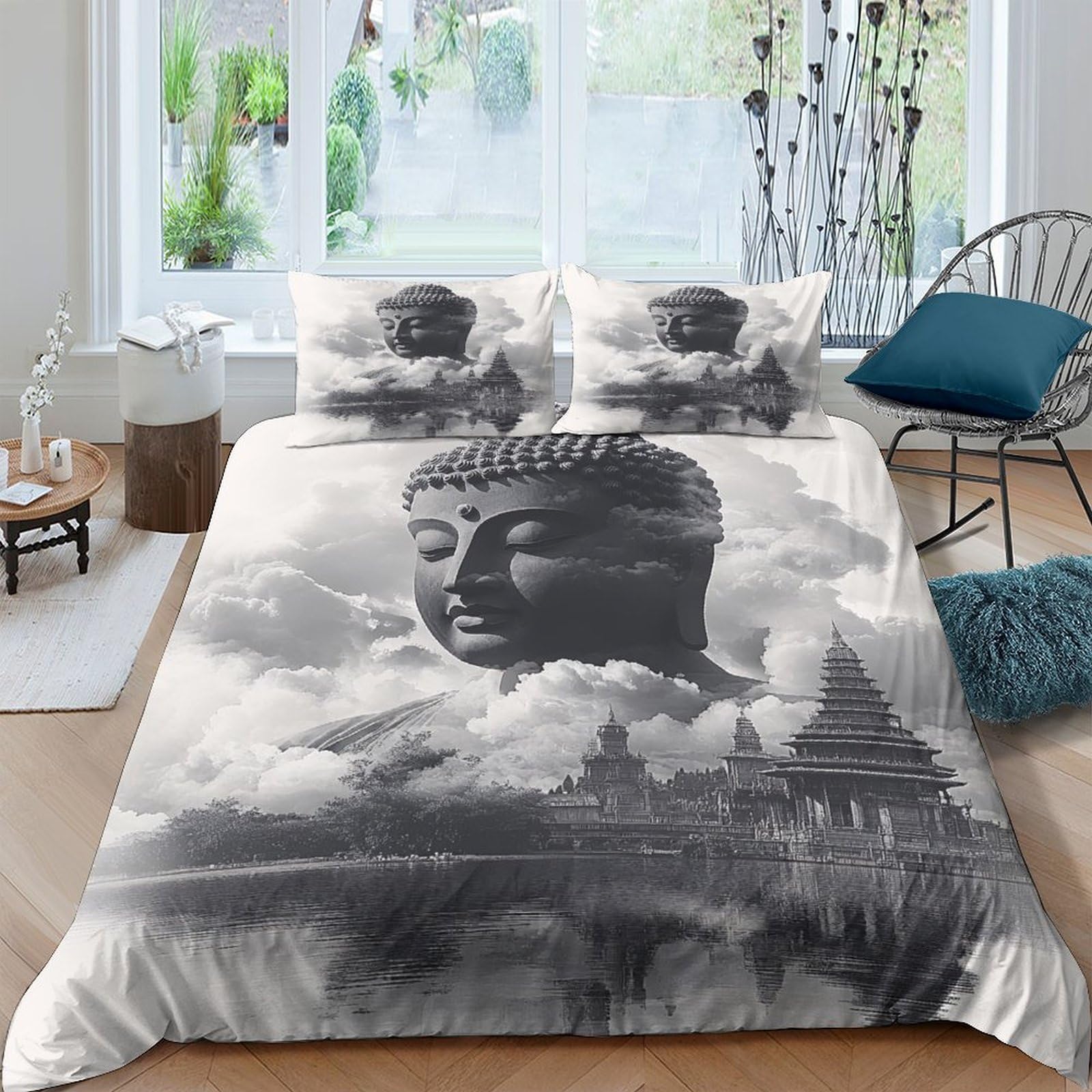 Ctjqhvkz Style-4 3D Printed Buddha Cloud Fitted Sheet Microfiber Soft Grey Temple Mattress Cover For Bedroom Dorm Decor Mattress Protection Single（135X200cm）