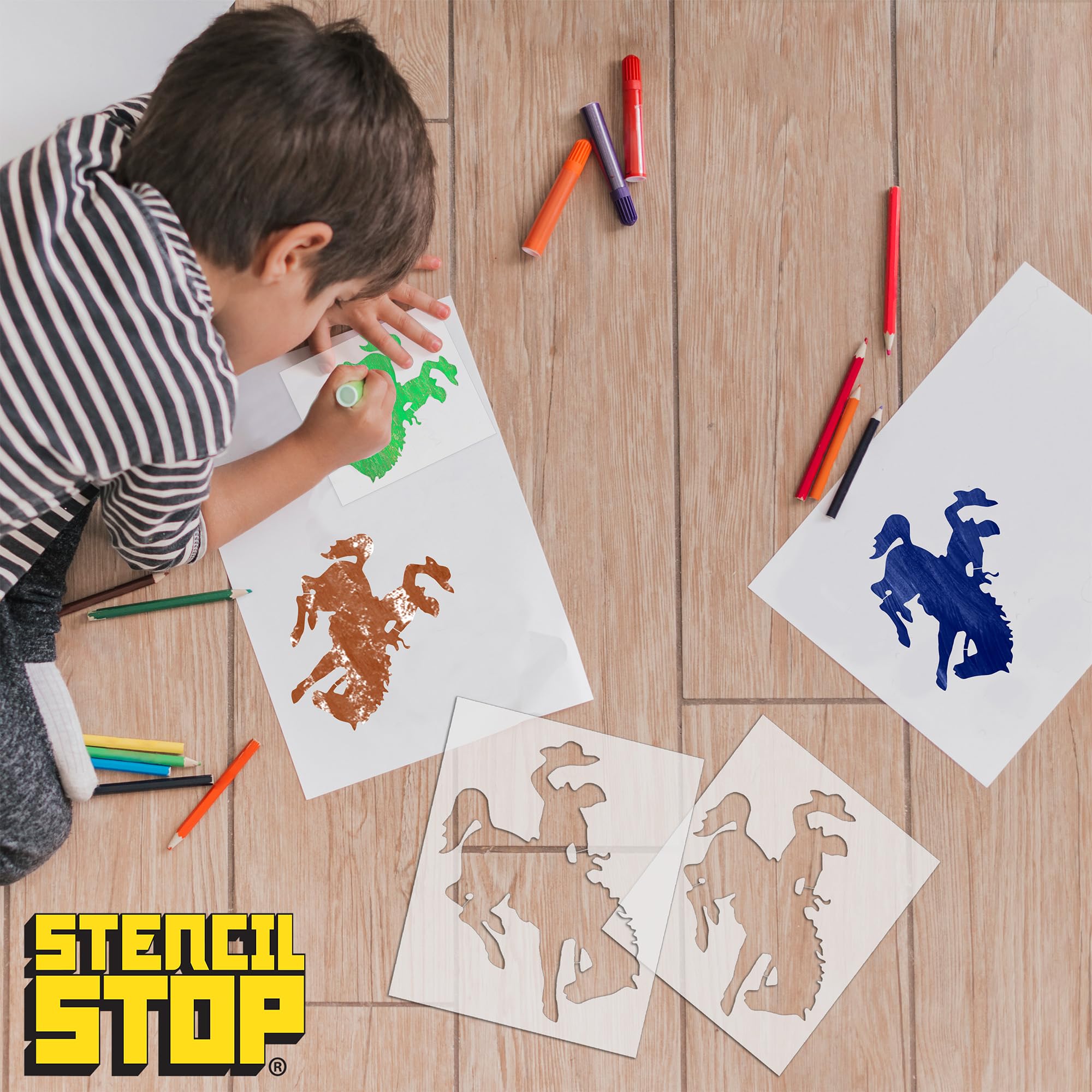 Stencil Stop Plantilla Cowboy on Bucking Bronco, reutilizable para proyectos de bricolaje, pintura, dibujo, manualidades, plástico Mylar de 14 mm (15.4 x 18 pulgadas)