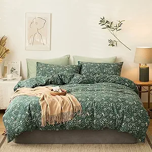 VM VOUGEMARKET Green Flower Duvet Cover Sets Queen Size,Jersey Cotton Bedding Set (1 Duvet Cover + 2 Pillow Shams) Chic Garden Style Girls And Boys Comforter Cover with Zipper Closure