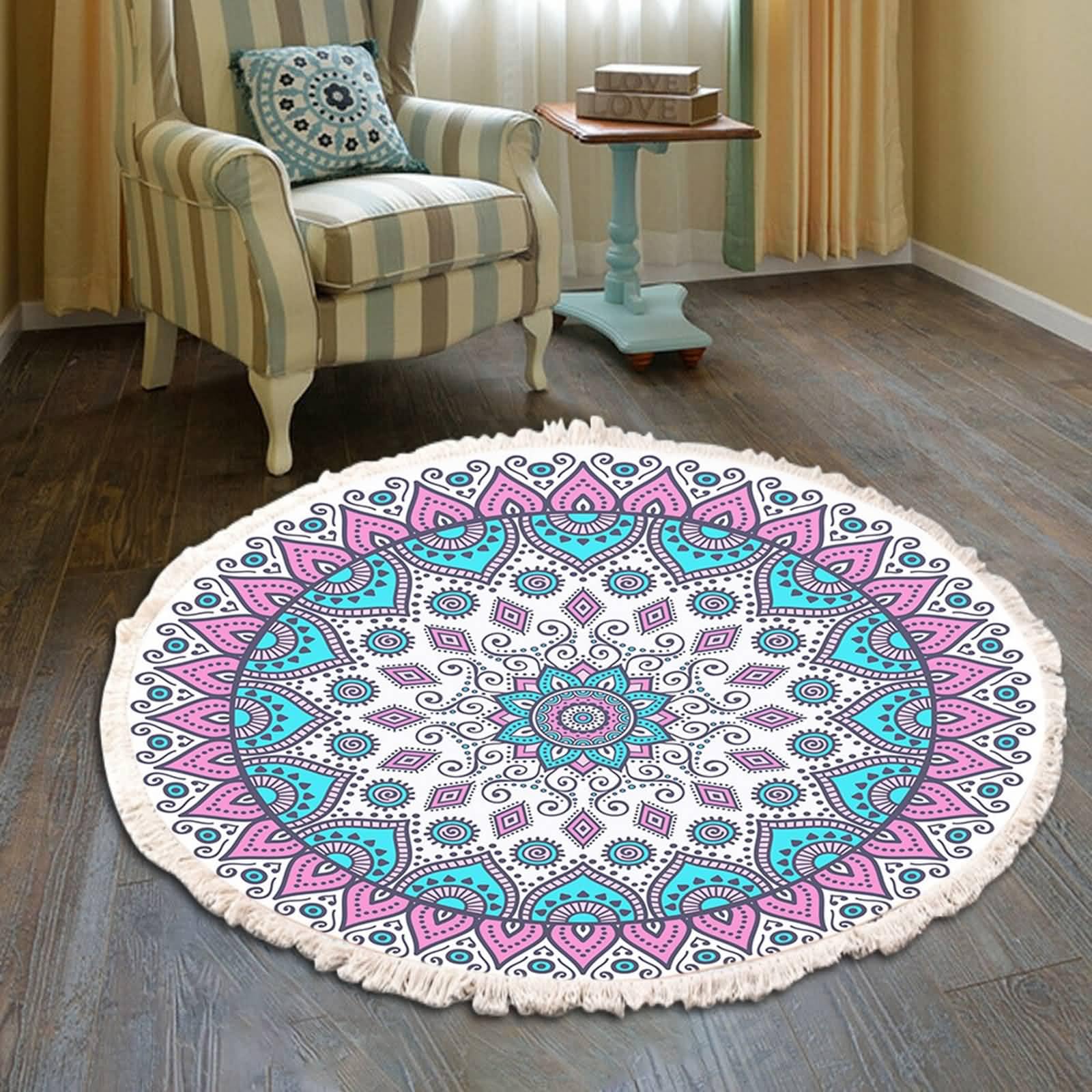 Tappeto Sala Grande, Rotondo Mandala Motivo Floreale con Nappa in Poliestere Tappeto moderno per soggiorno e camera da letto, Rosa Turchese, Stile 3, 180cm