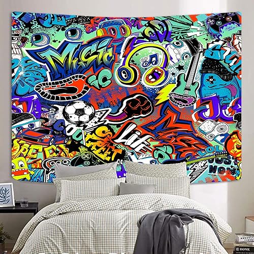Miniatura 6 de Tapiz moderno de graffiti callejero, creativo urbano de música callejera, hip hop, hippie, tapiz divertido y colorido para pared para adolescentes y