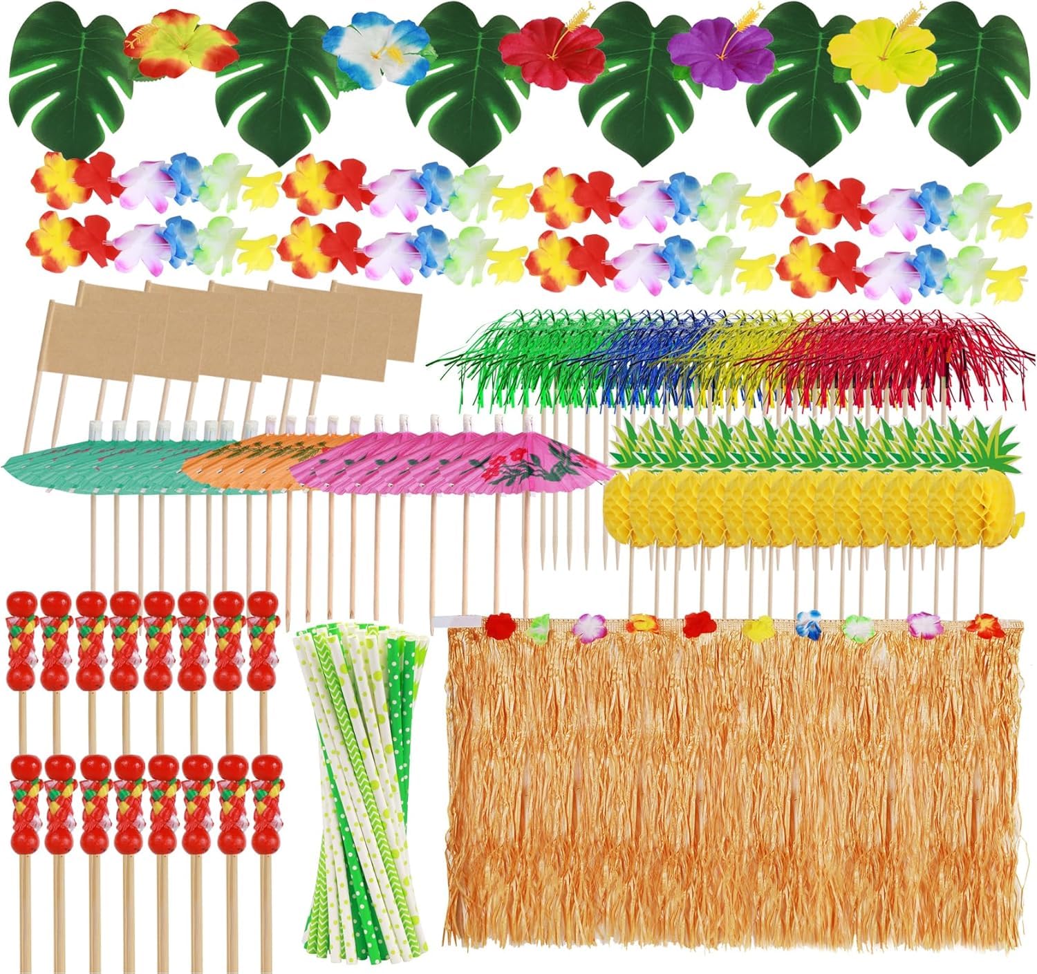 199 Stück Hawaii Party Dekoration Set, Tropische Party Dekoration Set, Hawaii Luau Tischröcke, Hawaii Deko, Banner, Blüten, Künstliche Palmenblätte für Hawaii Party Deko Beach Tropischen Garten Party