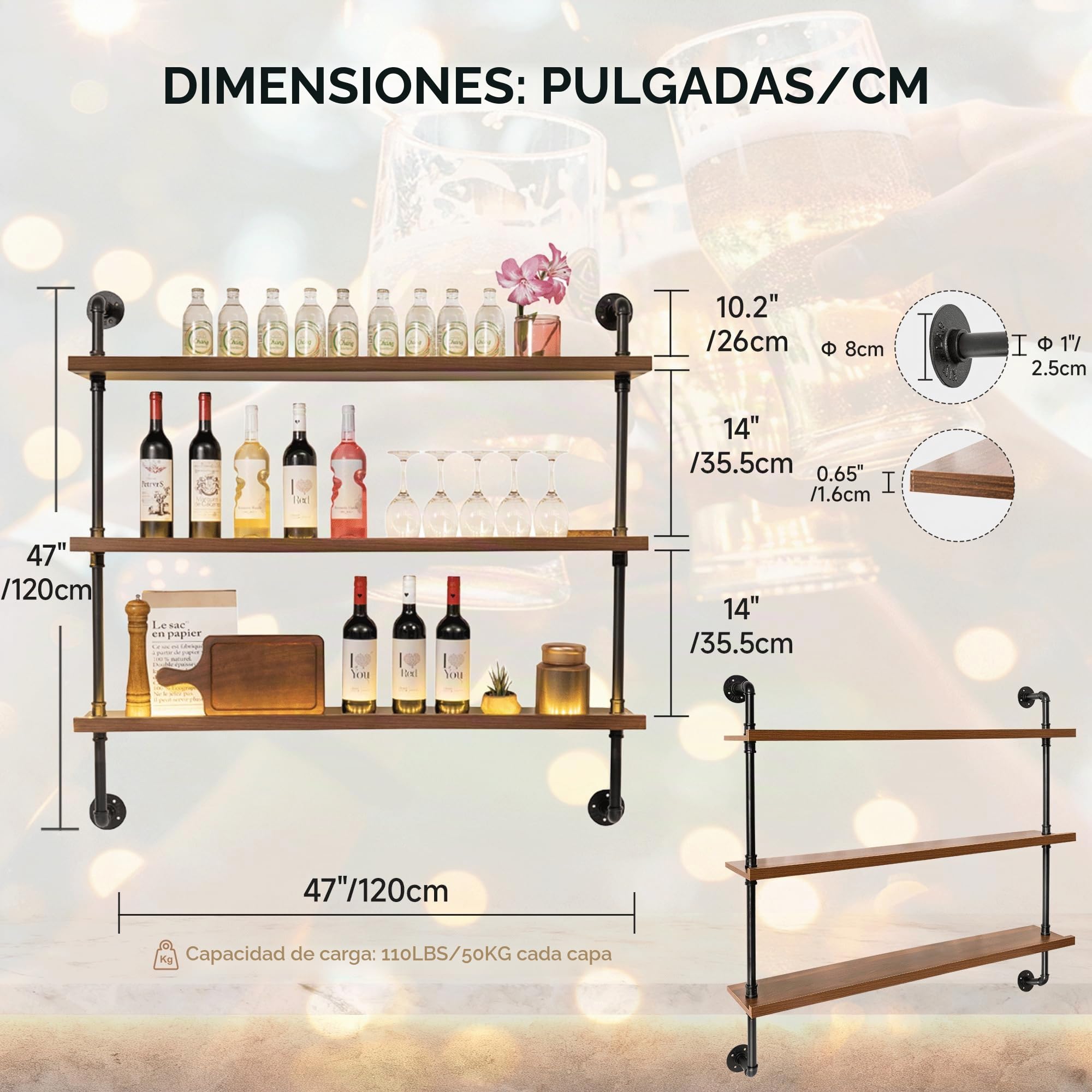 120 cm Botellero de Pared con LED para Vino 3 Niveles para Bar, Restaurante | Botellero de Madera para Vino con Tuberías Metálicas, Botellero Industrial de Pared de Madera y Acero para Bar, Cocina, Hogar