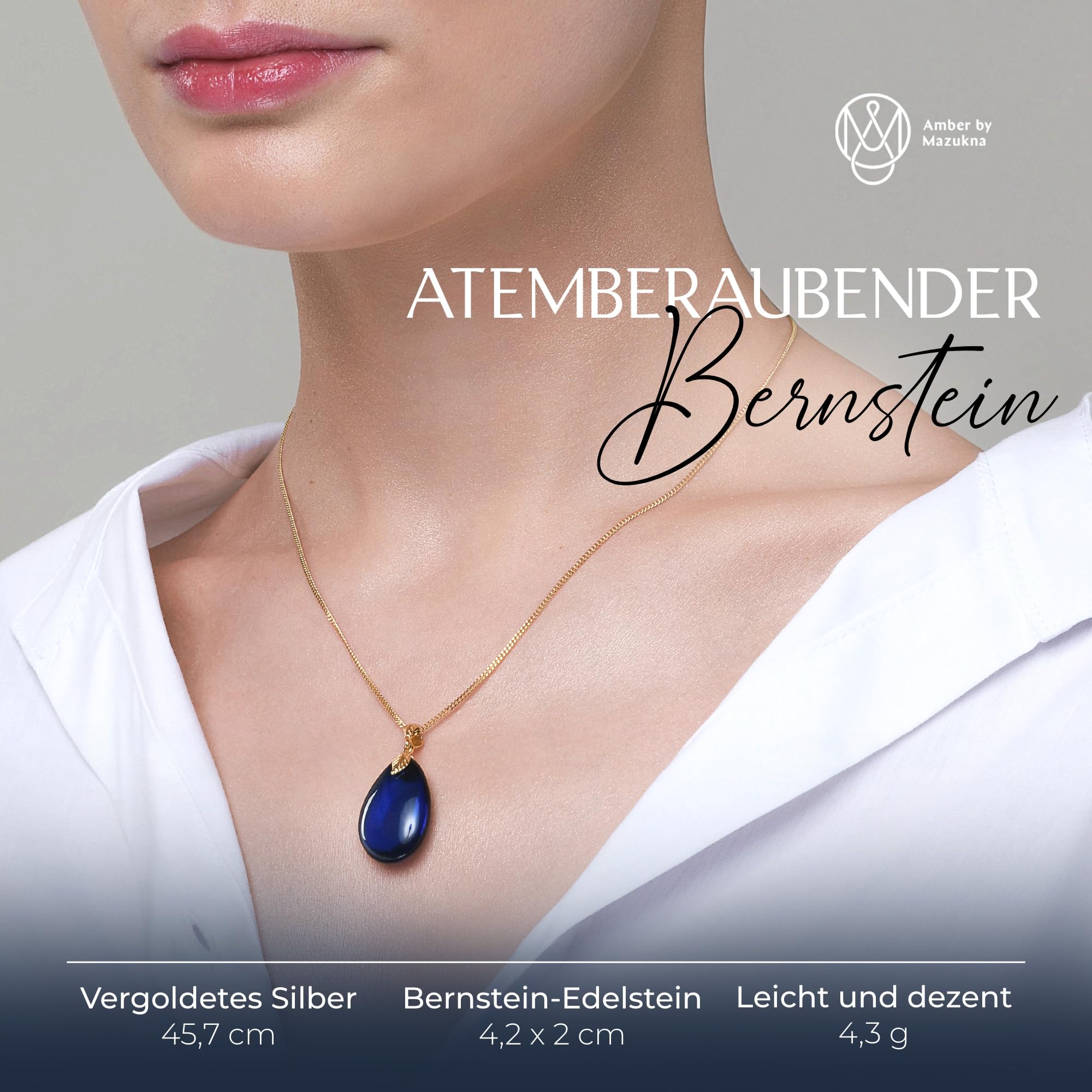 Natürlicher Baltischer Blauer Bernstein Anhänger für Damen | Tropfen Halskette mit vergoldeter Sterling Silber Kette, leichtes 18 Zoll Schmuckgeschenk für den Alltag