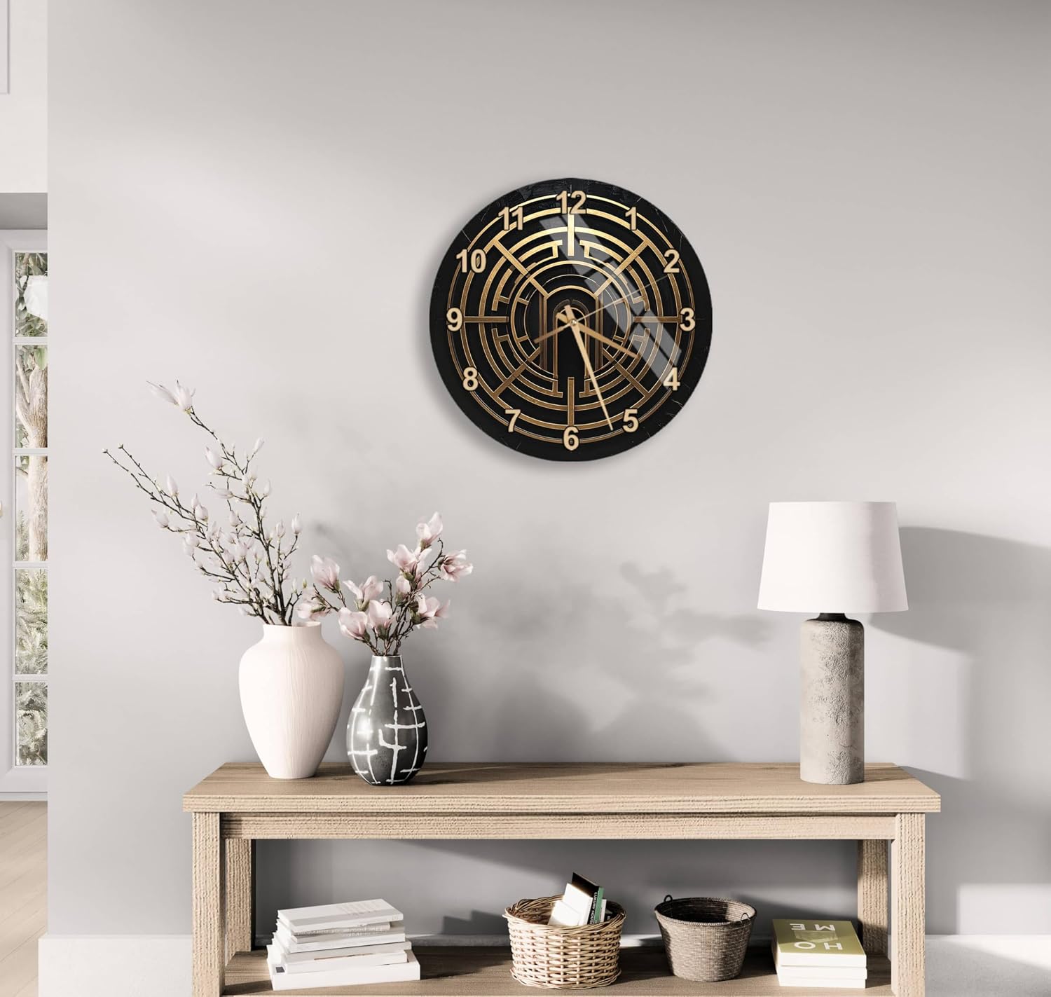 Luxury Tempered Glass Wall Clock, Modern Gold and Black Art Deco Decor, Geometri…