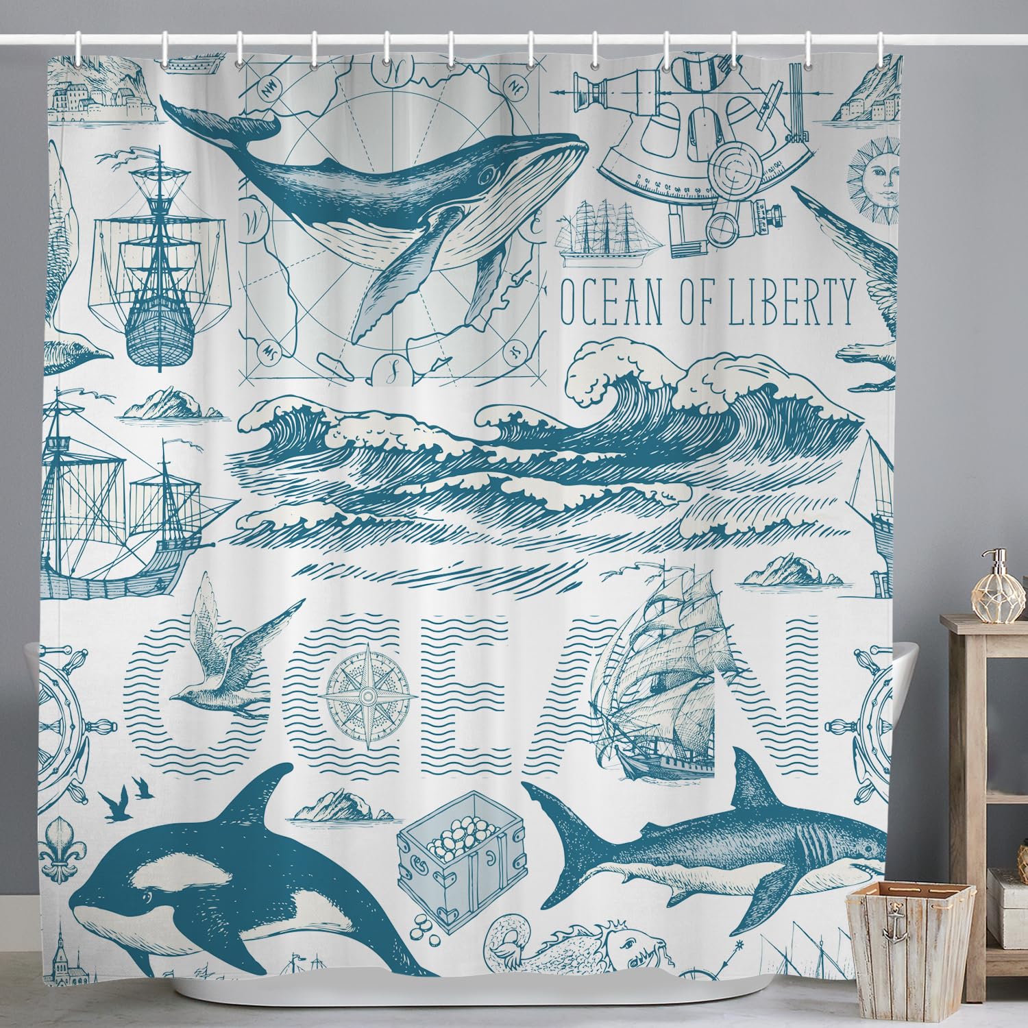 ASDCXZ Maritime Shower Curtain 120x180 cm, Maritime Nautical Sailboat Compass Sea Animals Octopus Shark Washable Shower Curtains Polyester Textile Waterproof Bath Curtain for Bathtub with 8 Hooks — image 1