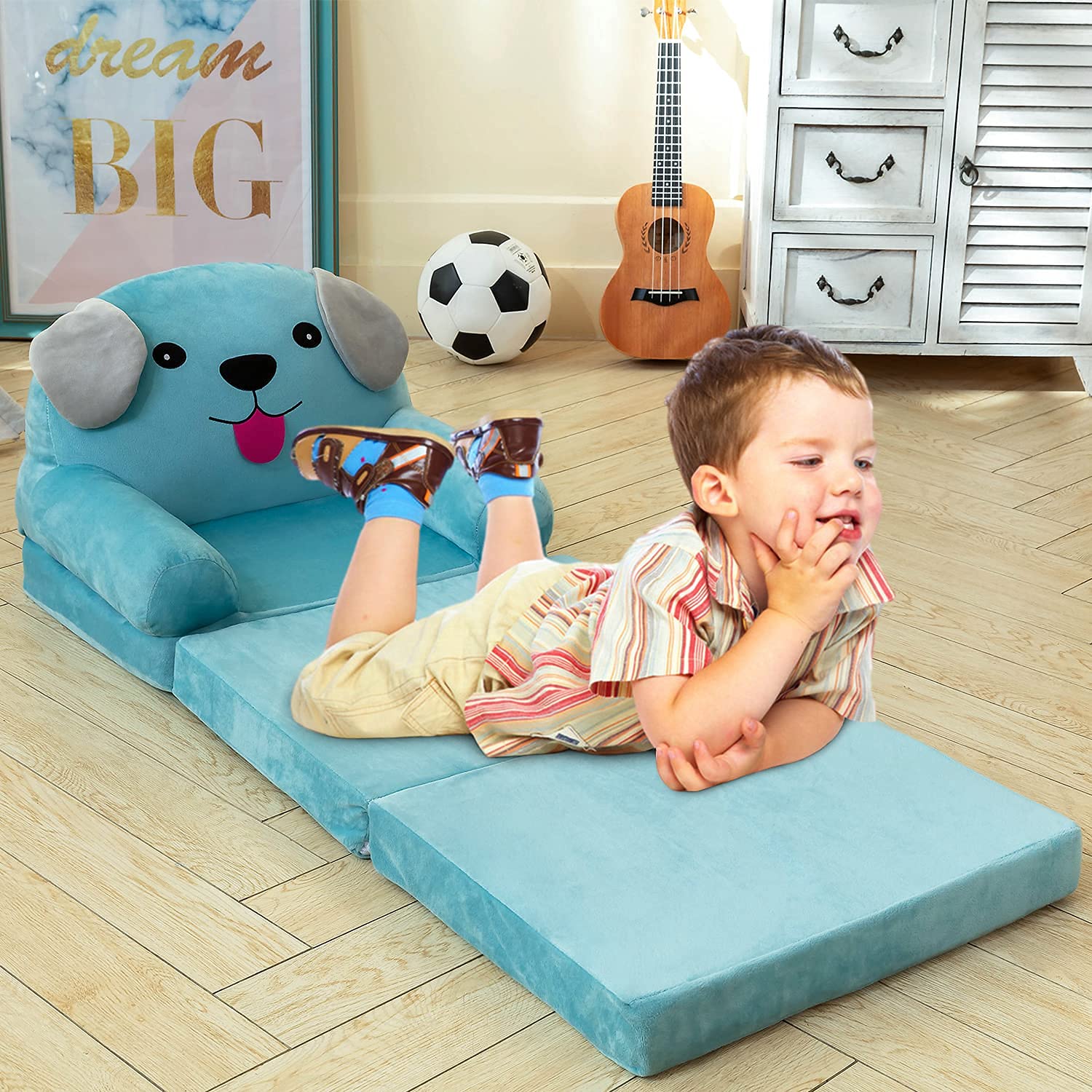 BYBYME - Sedia pieghevole per bambini di 1-3 anni, poltrona carina, divano pieghevole adatto per la sala giochi e la camera da letto (cane blu)